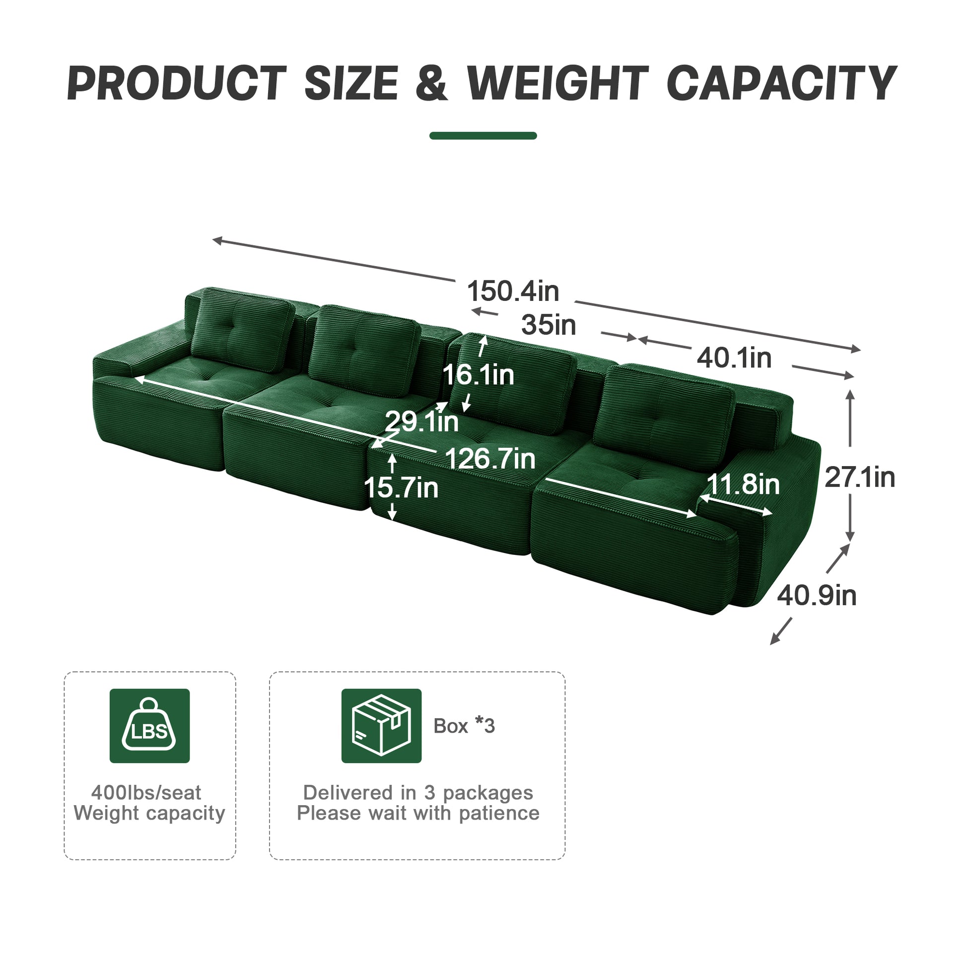 Racine black modular sofa showing product size and weight capacity dimensions