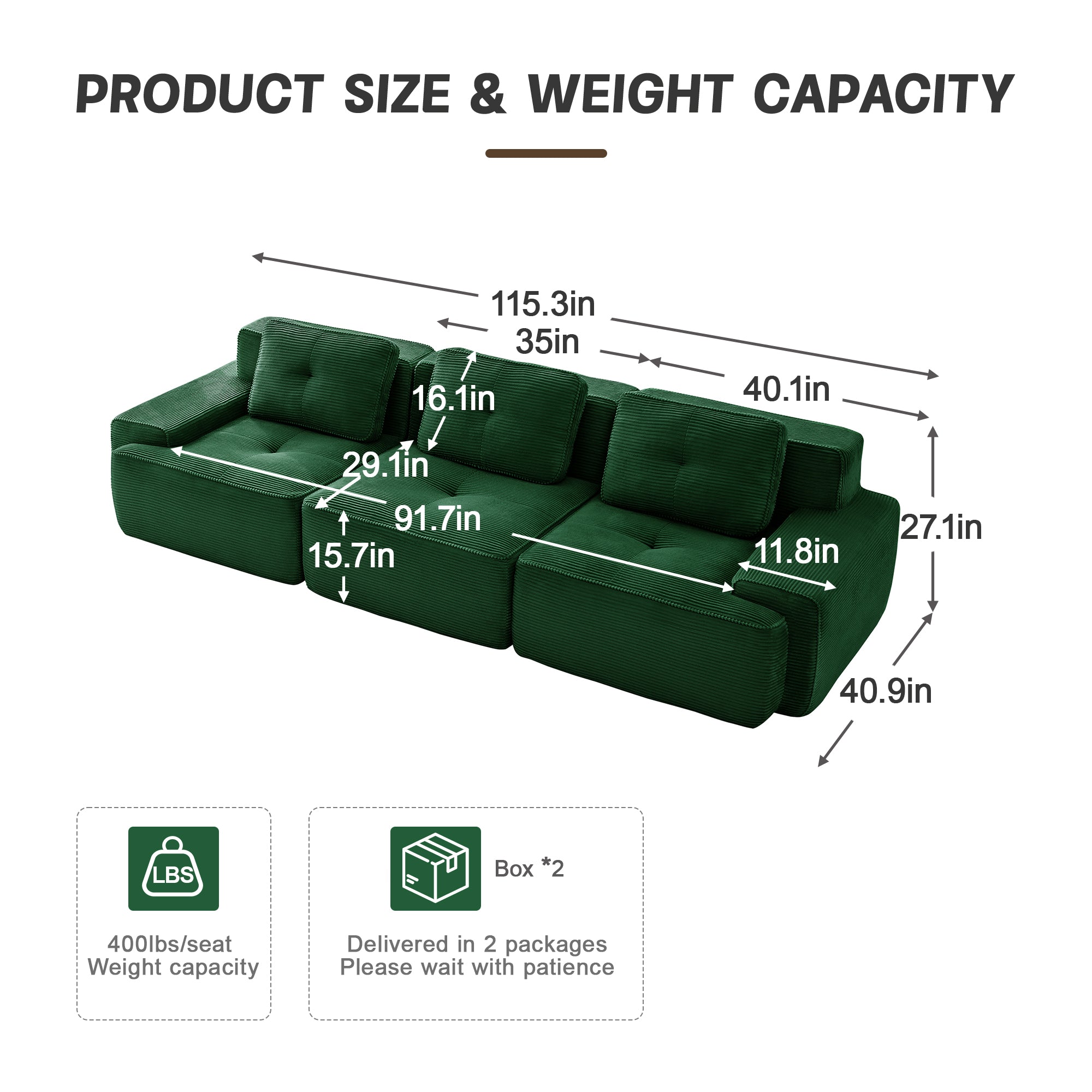Racine green modular sofa showing product size and weight capacity dimensions