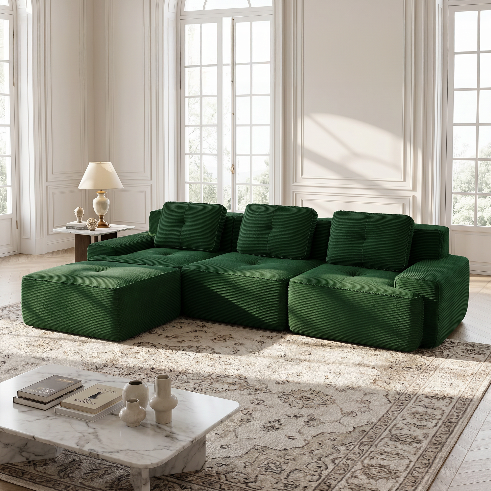 Racine green modular sofa showing bright living room setup with chaise ottoman