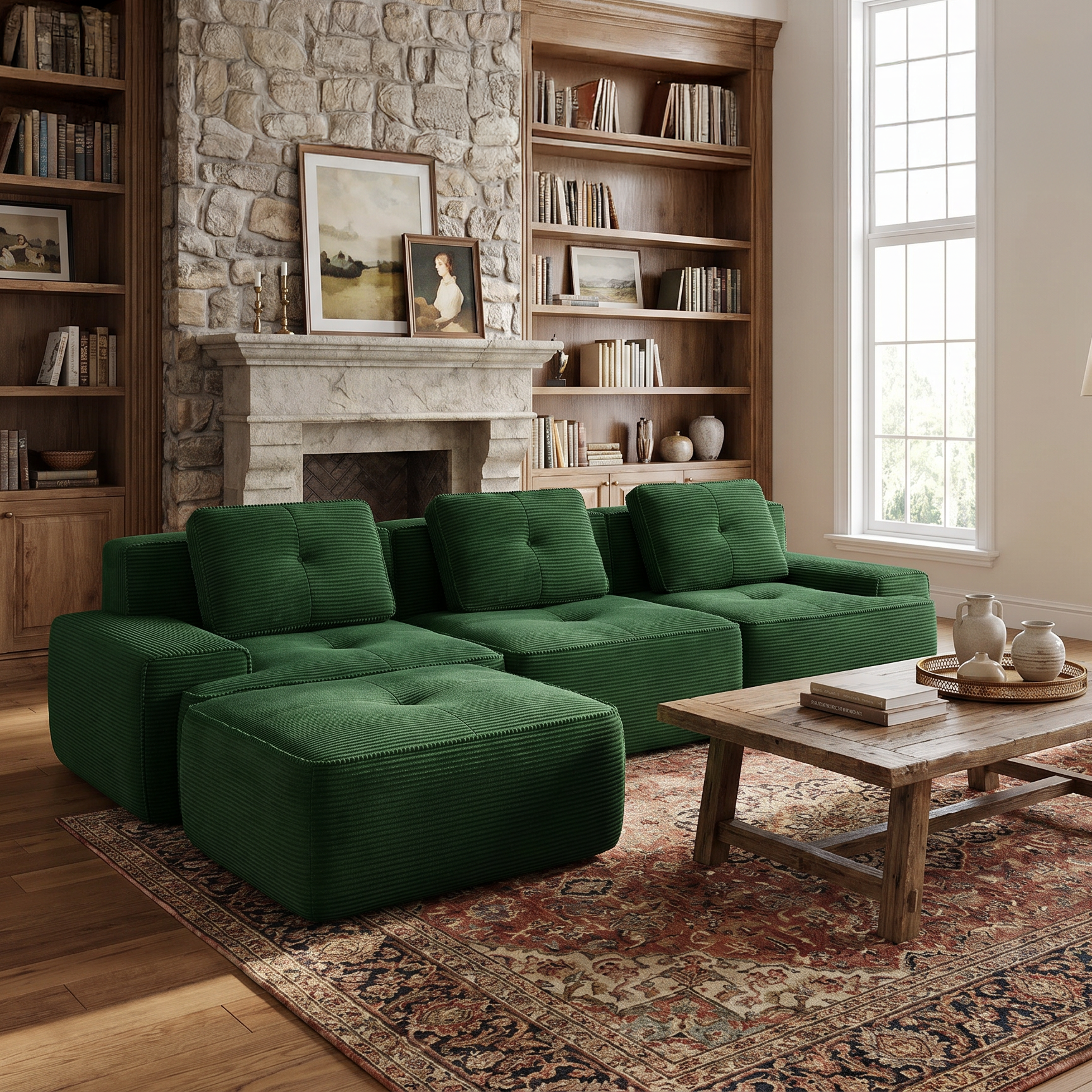 Racine green modular sofa showing cozy fireplace living room view with movable ottoman