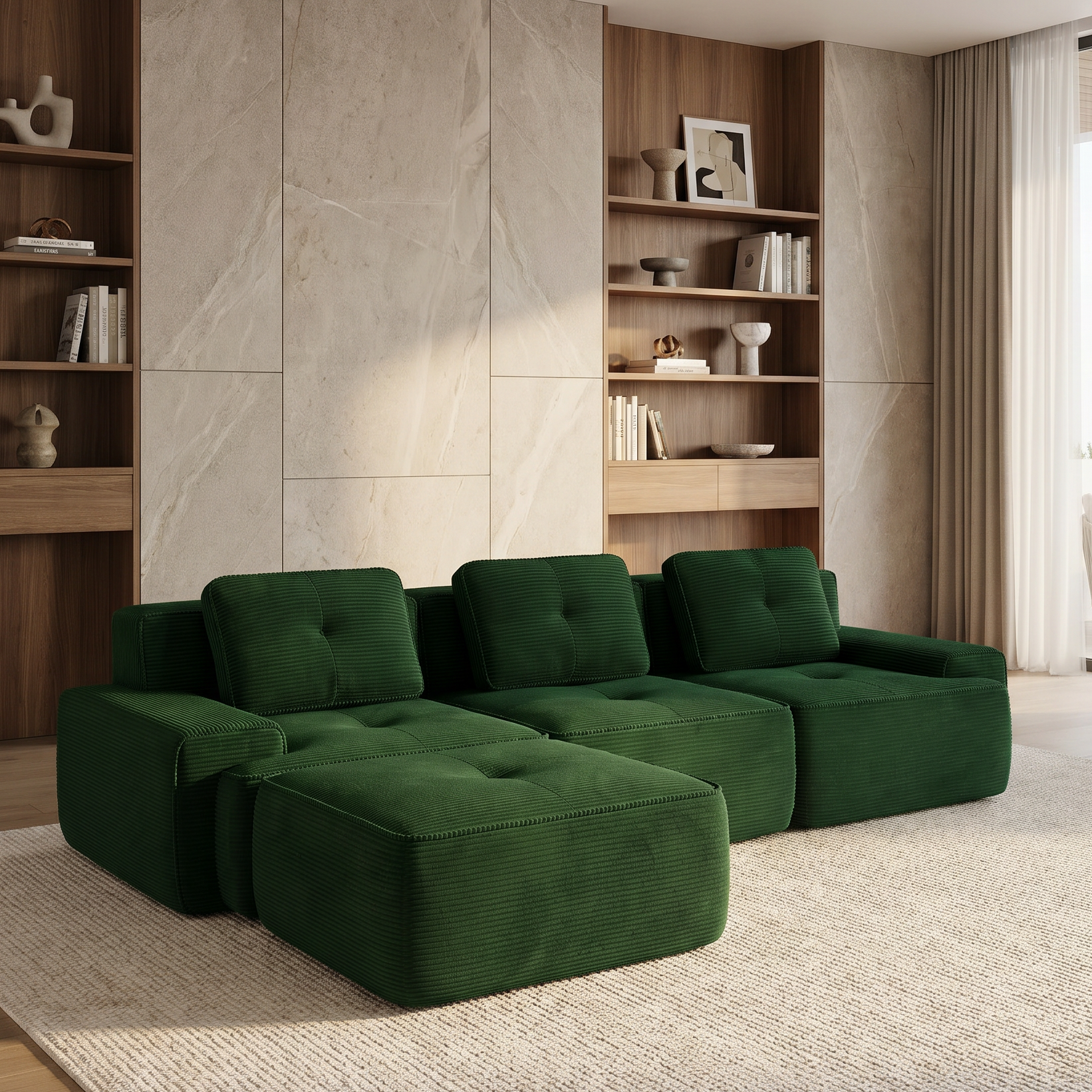 Racine green modular sofa showing modern living room scene with deep seating