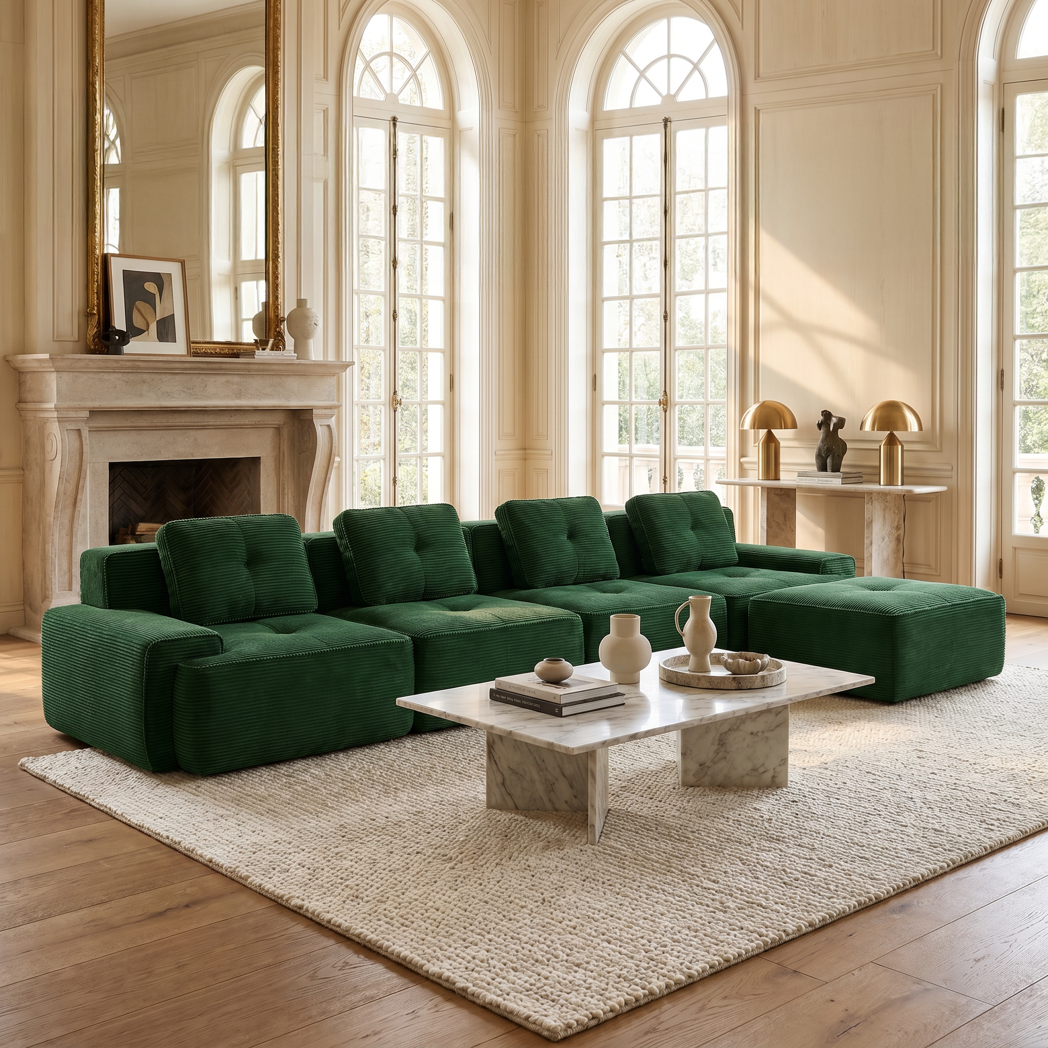 Racine green modular sofa showing cozy fireplace living room view with movable ottoman