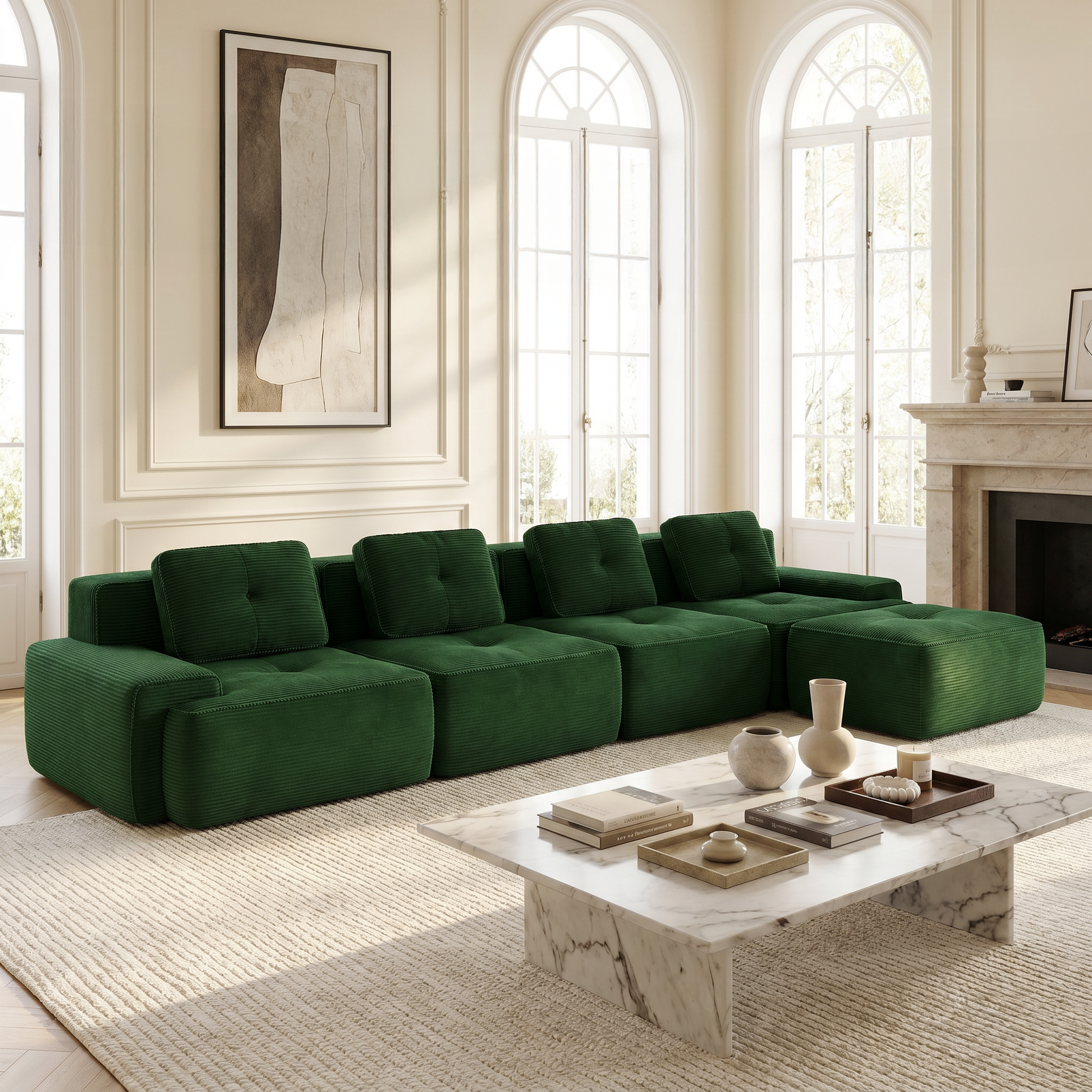 Racine green modular sofa showing modern living room scene with deep seating