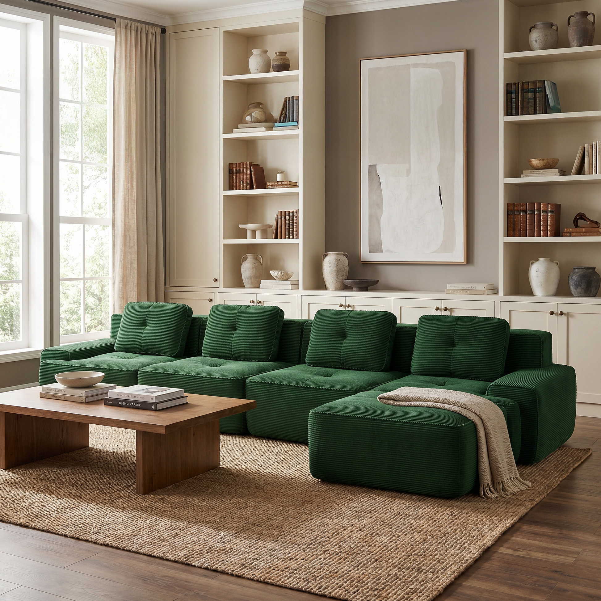 Racine green modular sofa showing modern living room scene with deep seating