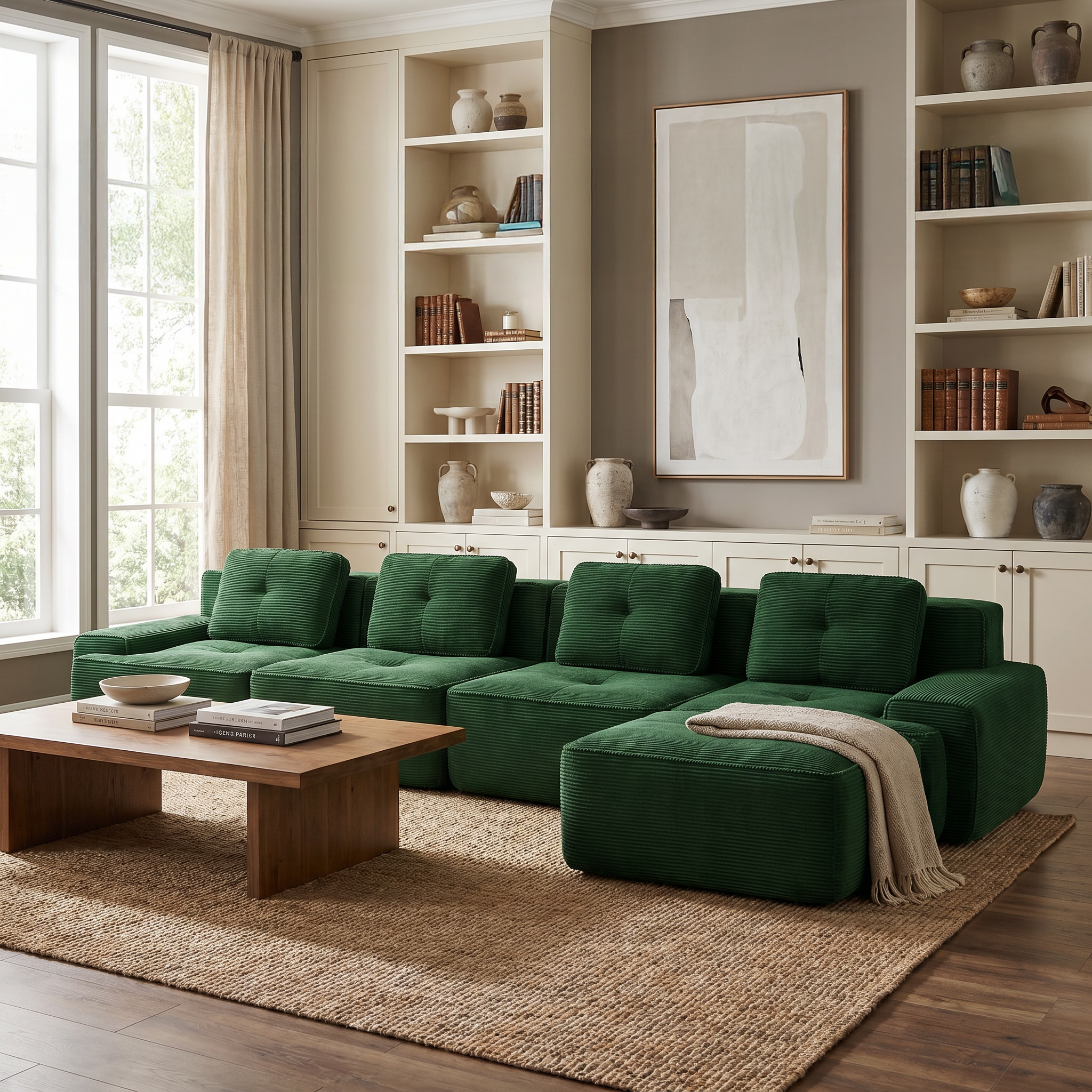 Racine green modular sofa showing modern living room scene with deep seating