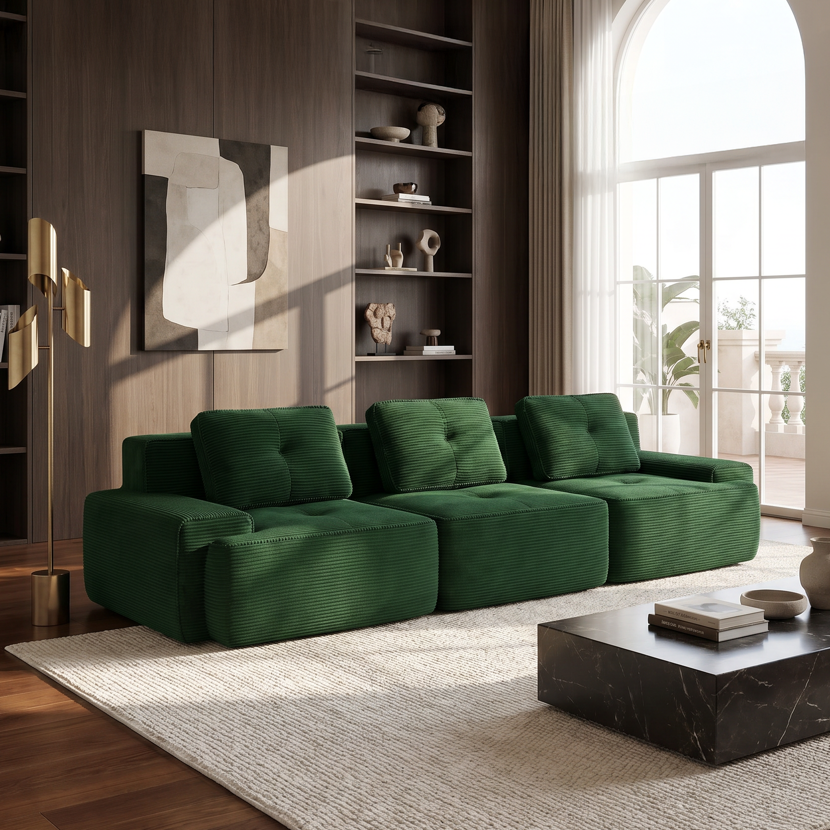 Racine green modular sofa showing modern living room view with deep seating