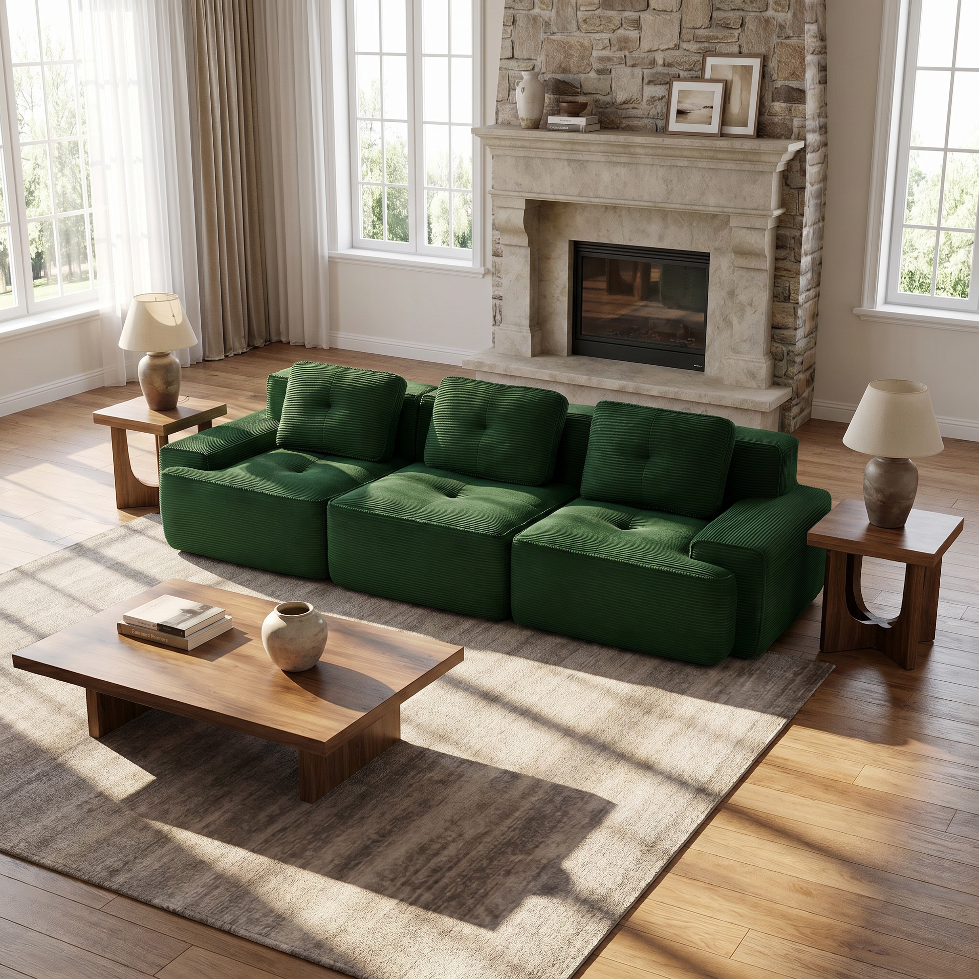 Racine green modular sofa showing cozy fireplace room scene