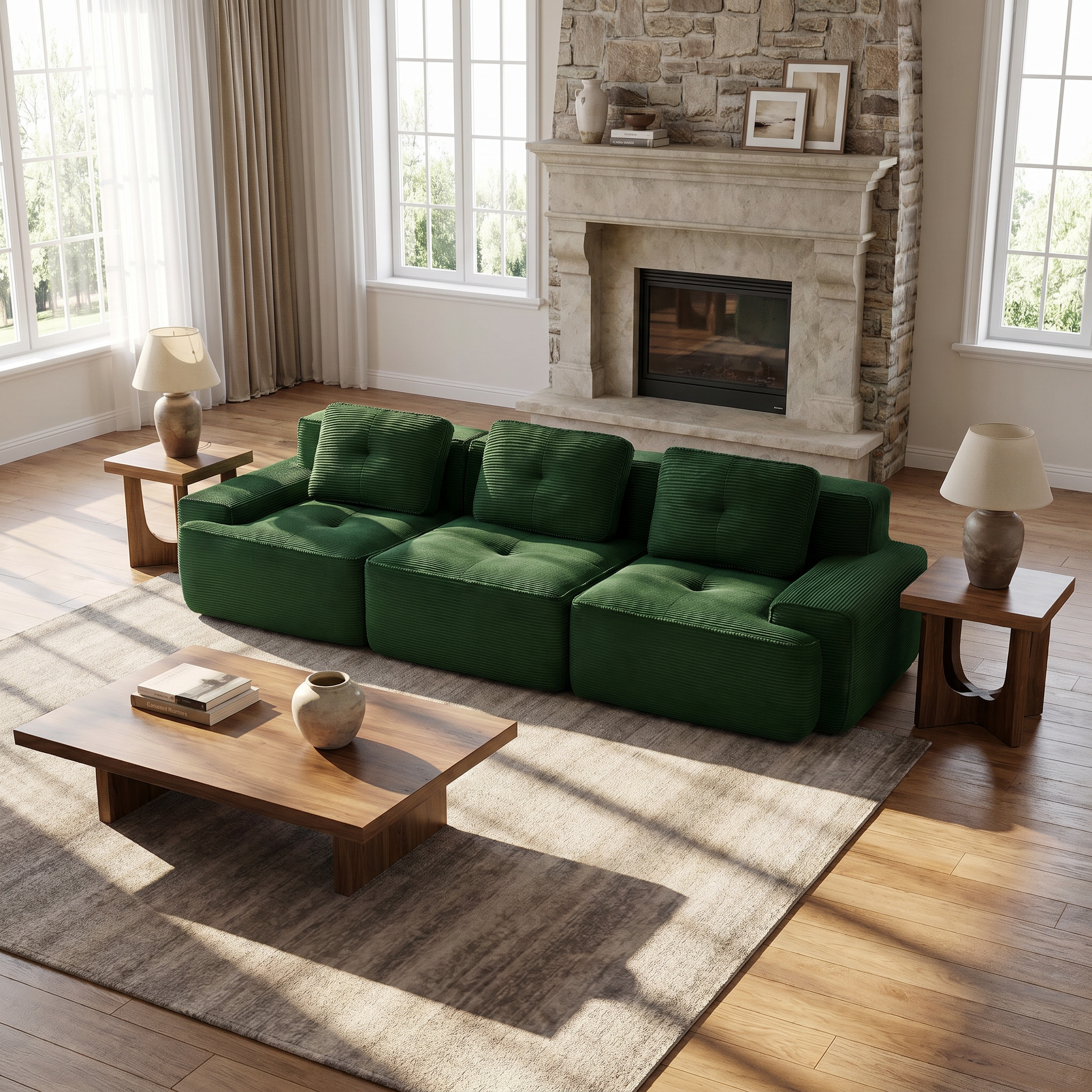 Racine green modular sofa showing cozy fireplace room scene