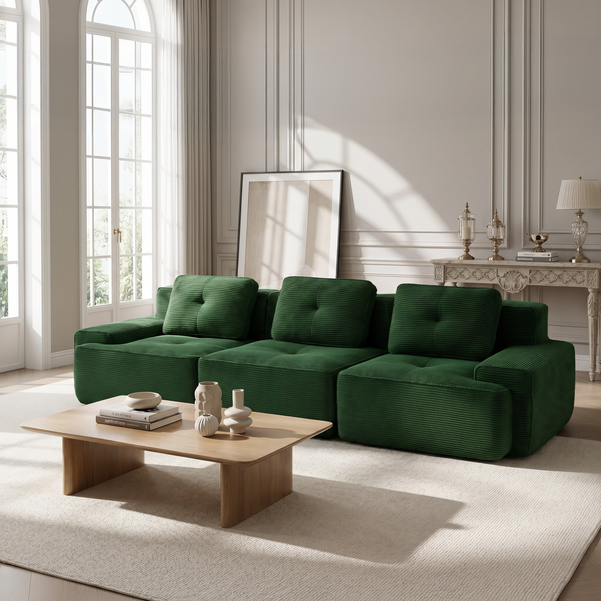 Racine green modular sofa showing bright neutral living room with corduroy upholstery