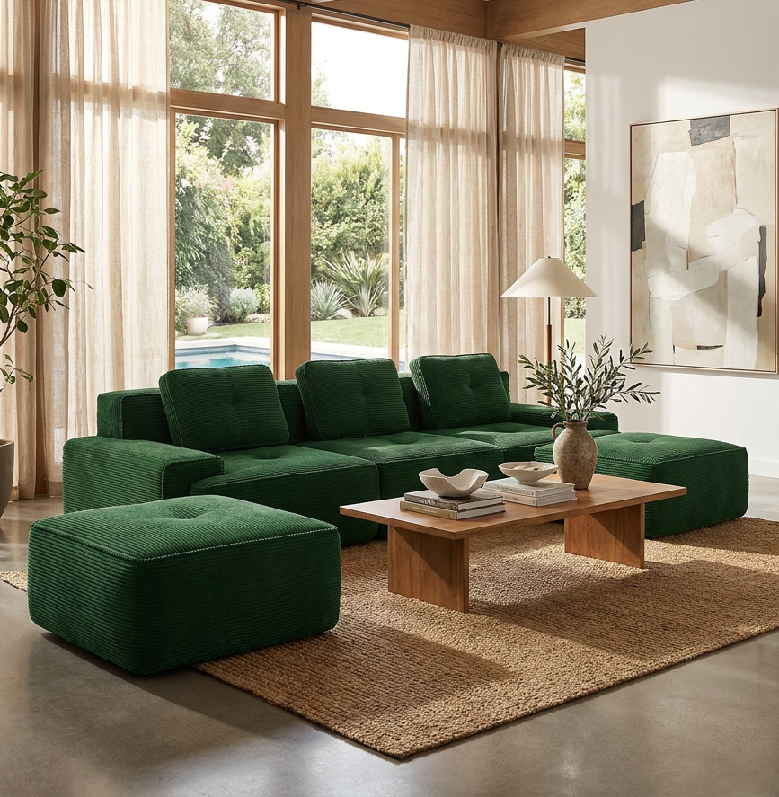 Racine green modular sofa showing modern living room view with U-shaped layout