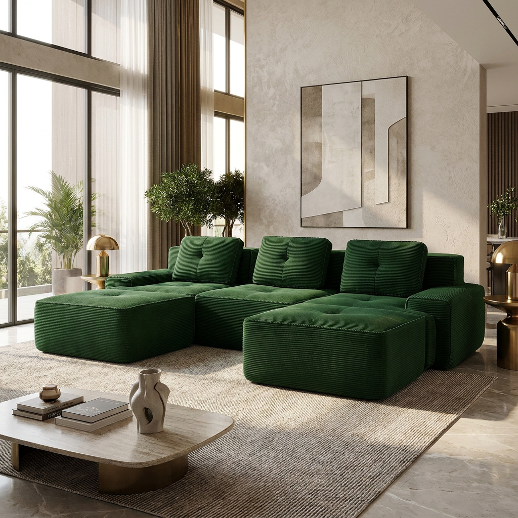 Racine green modular sofa showing bright living room scene with deep seating