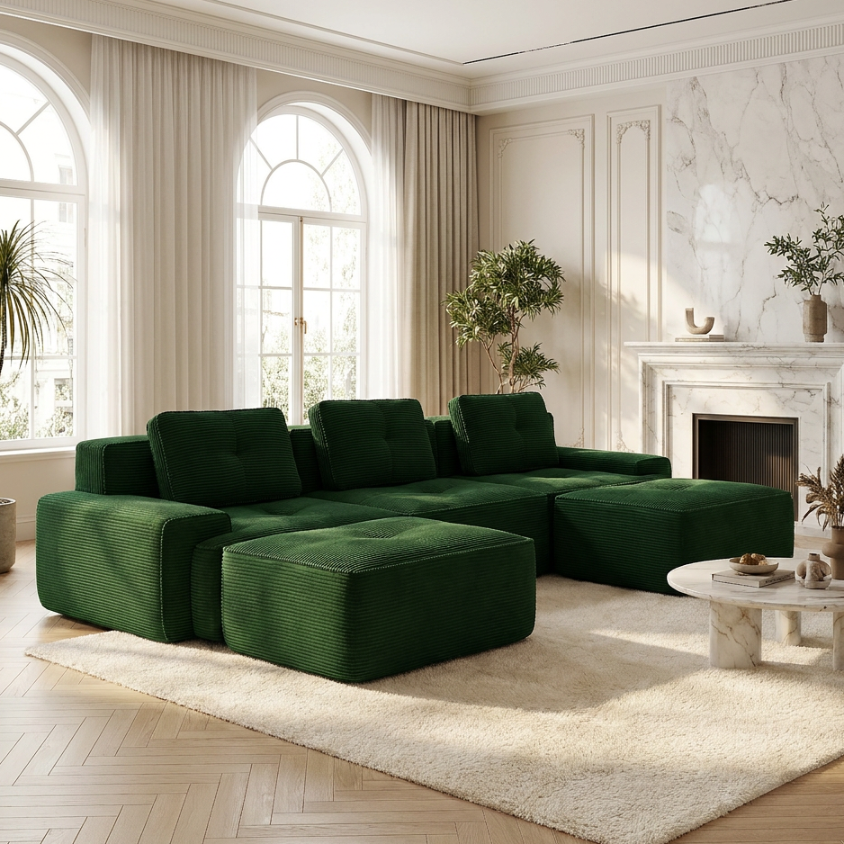 Racine green modular sofa showing elegant room setup with dual ottomans