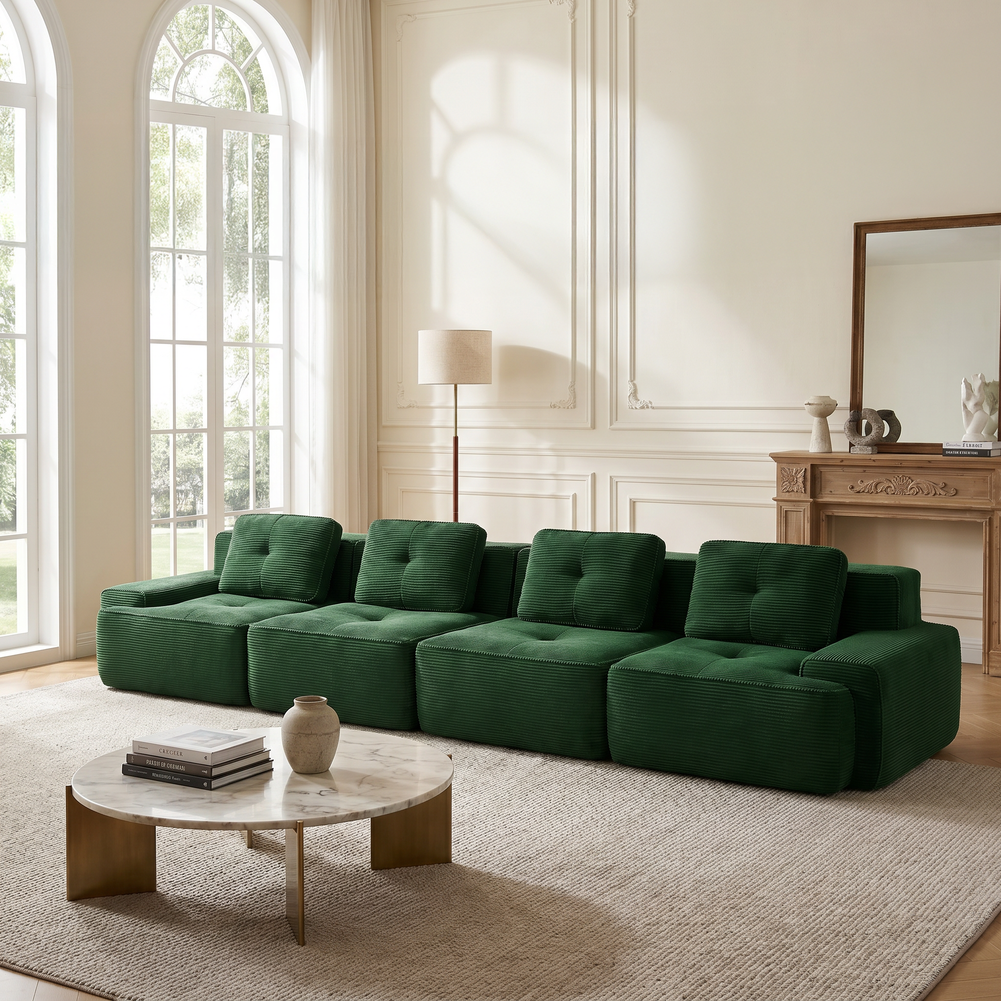 Racine green modular sofa showing modern living room view with U-shaped layout