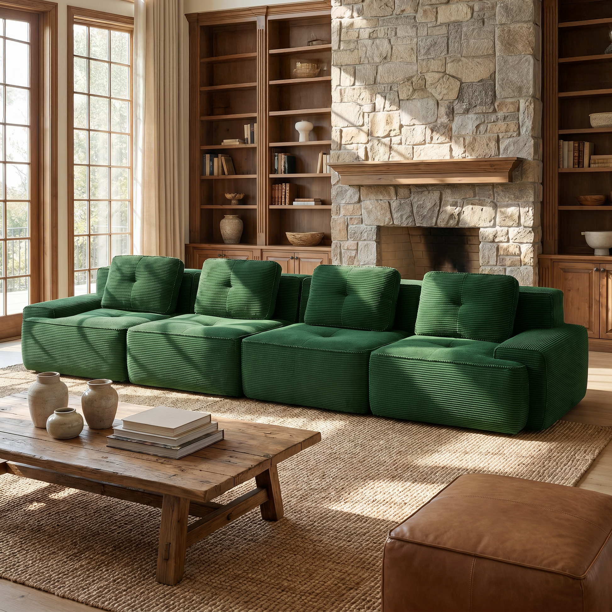 Racine green modular sofa showing modern living room view with U-shaped layout