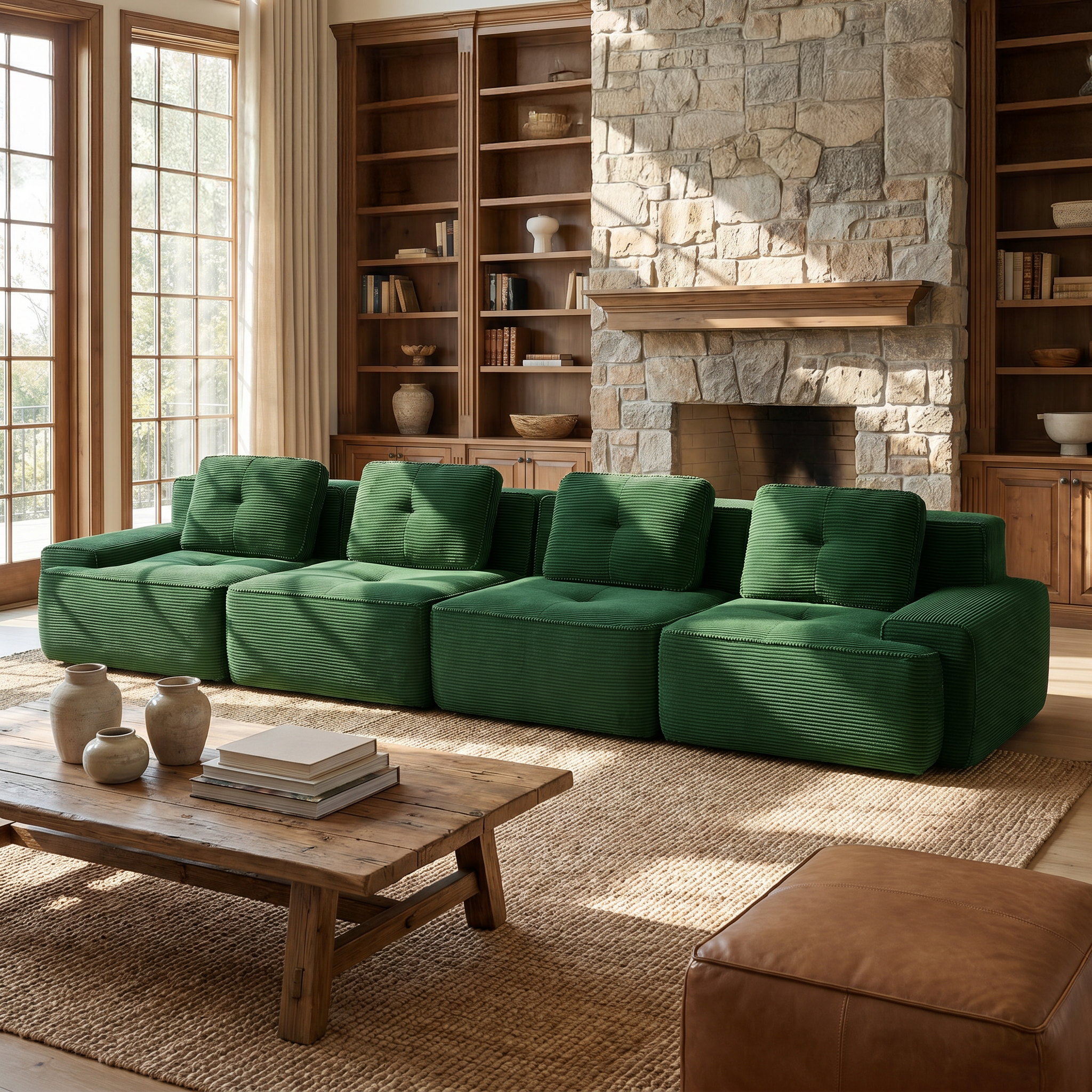 Racine green modular sofa showing modern living room view with U-shaped layout