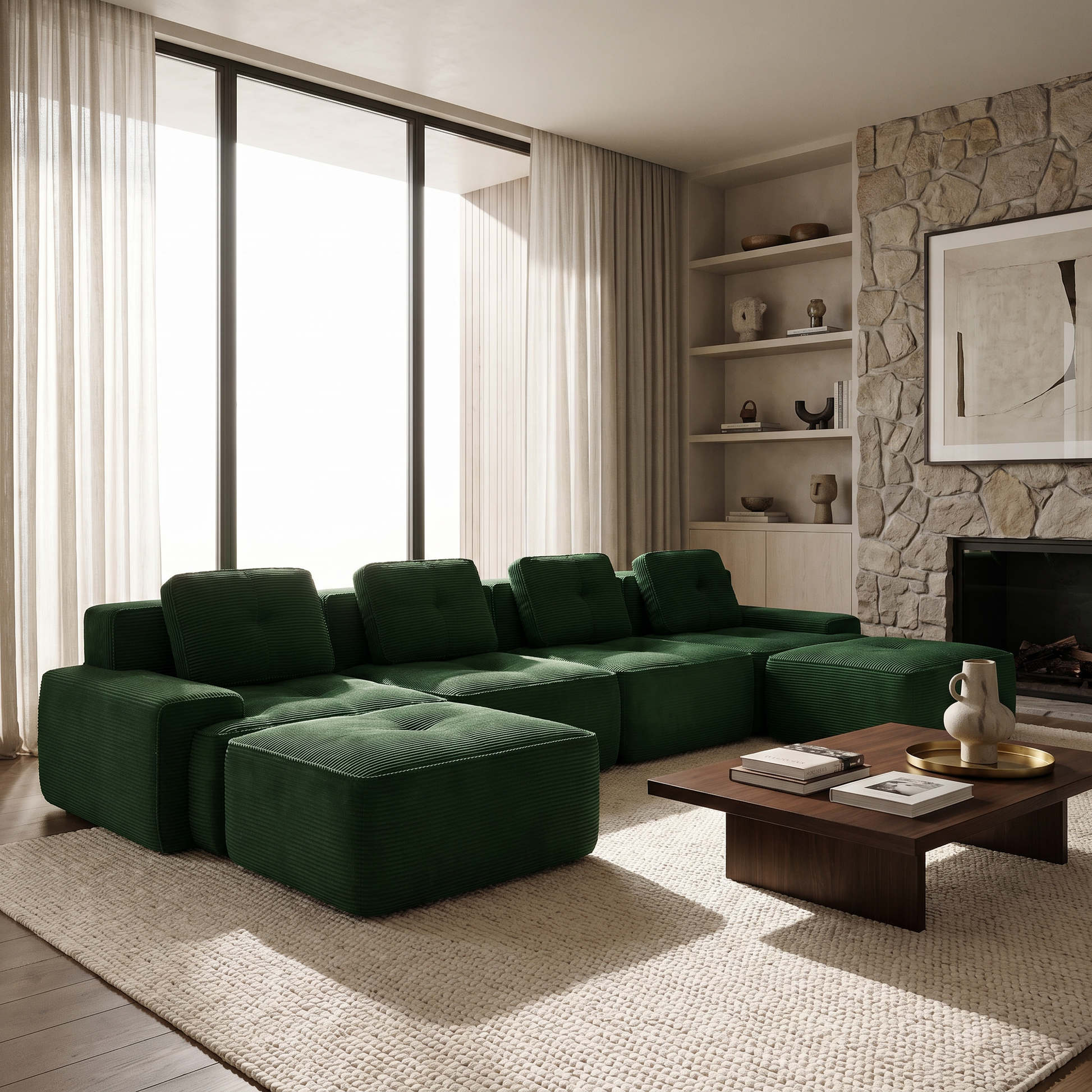 Racine green modular sofa showing modern living room scene with two movable ottomans