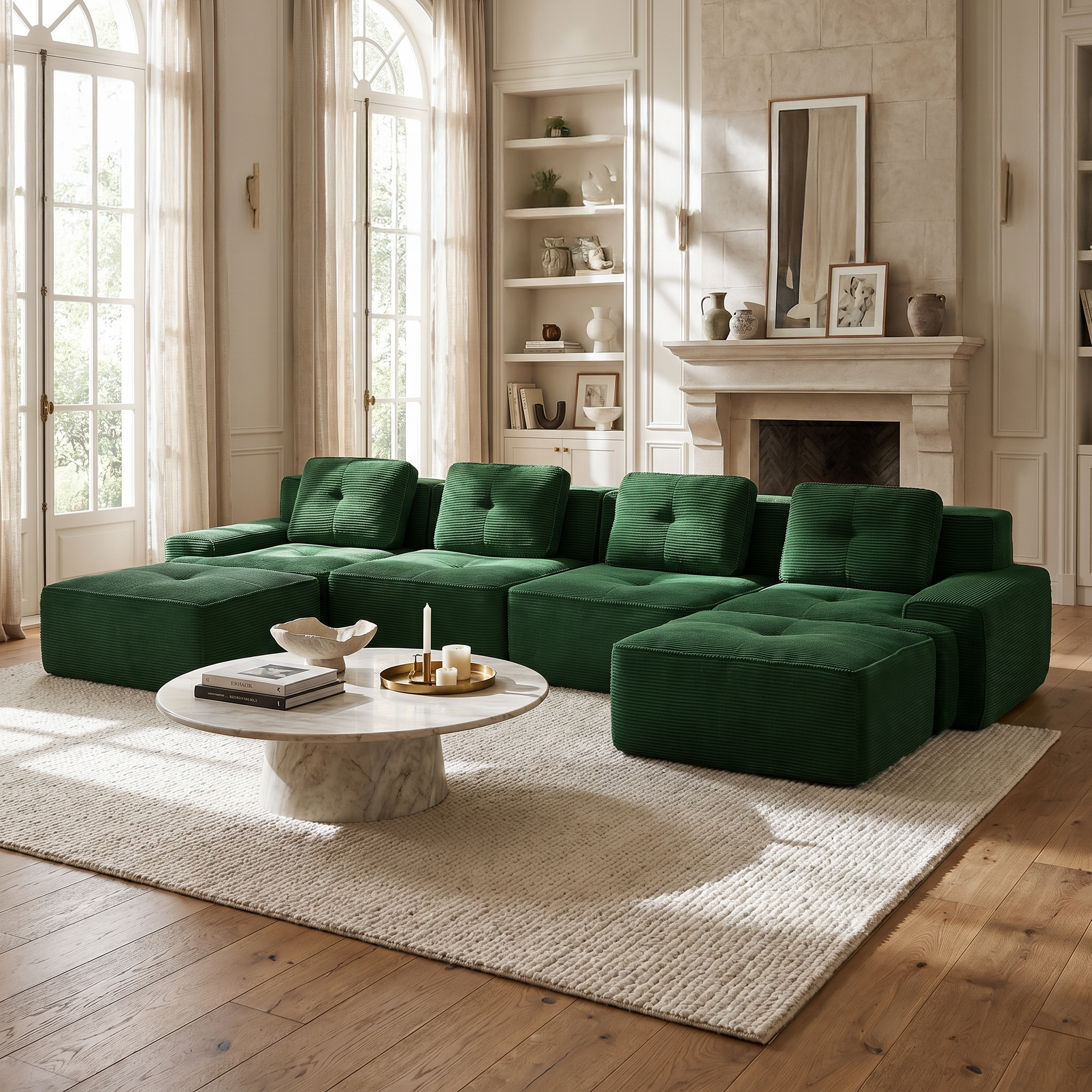 Racine green modular sofa showing spacious living room setup with deep seating and ottomans