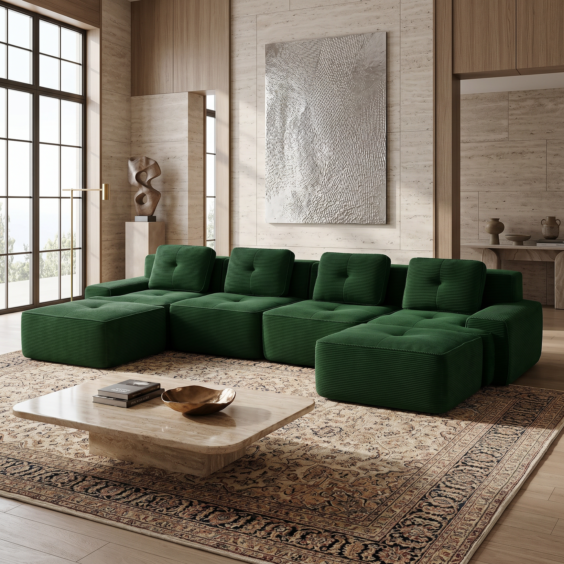 Racine green modular sofa showing elegant fireplace living room view with two ottomans