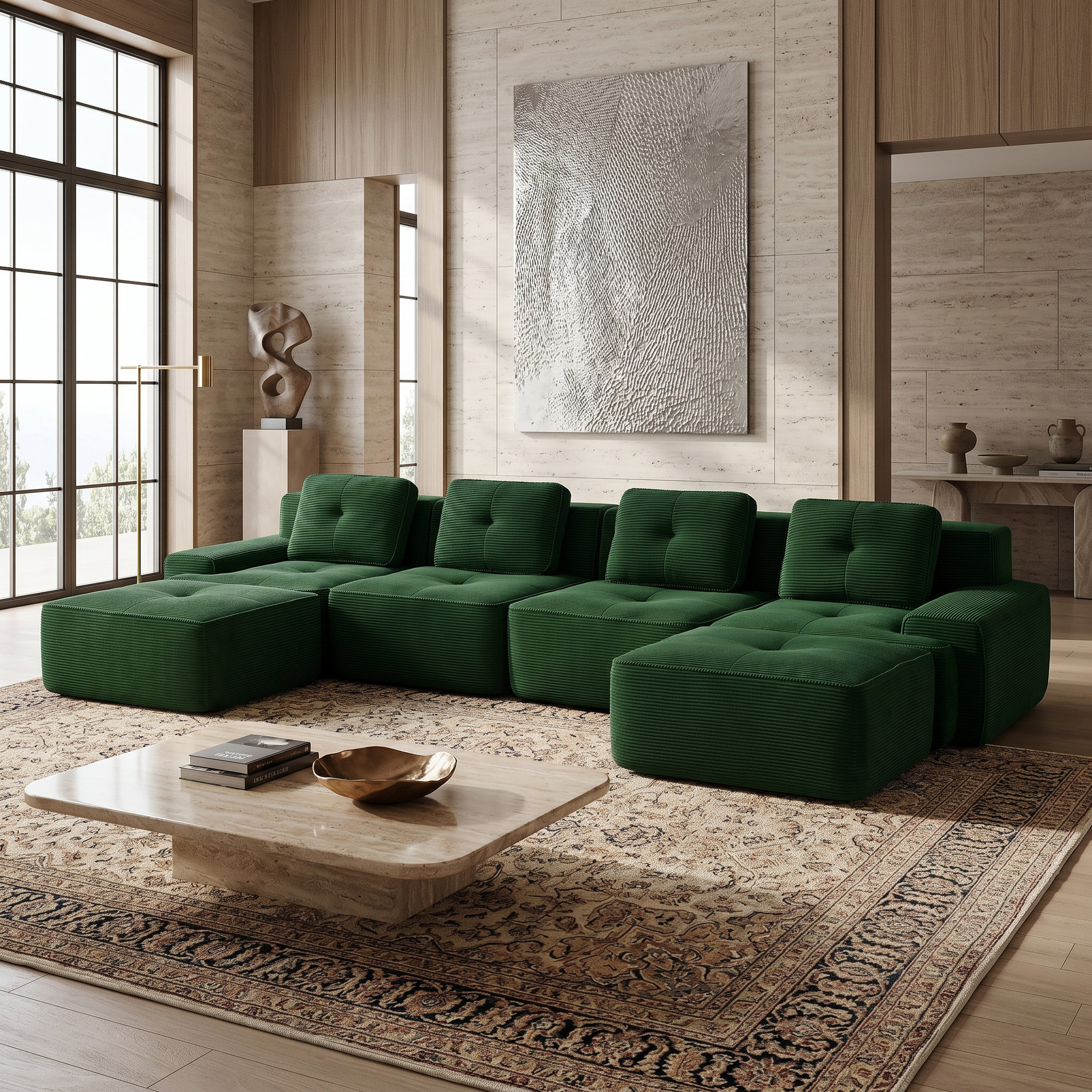 Racine green modular sofa showing elegant fireplace living room view with two ottomans