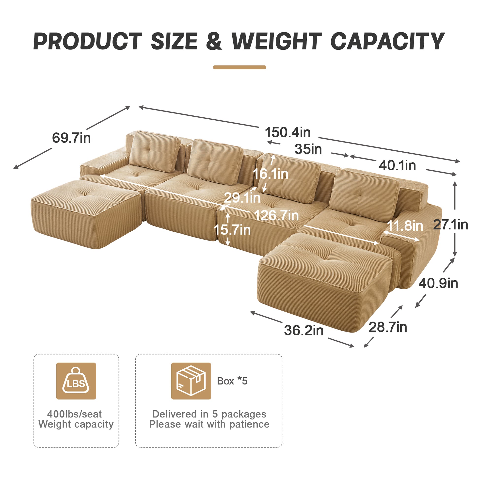 Racine light camel modular sofa showing product size and weight capacity dimensions