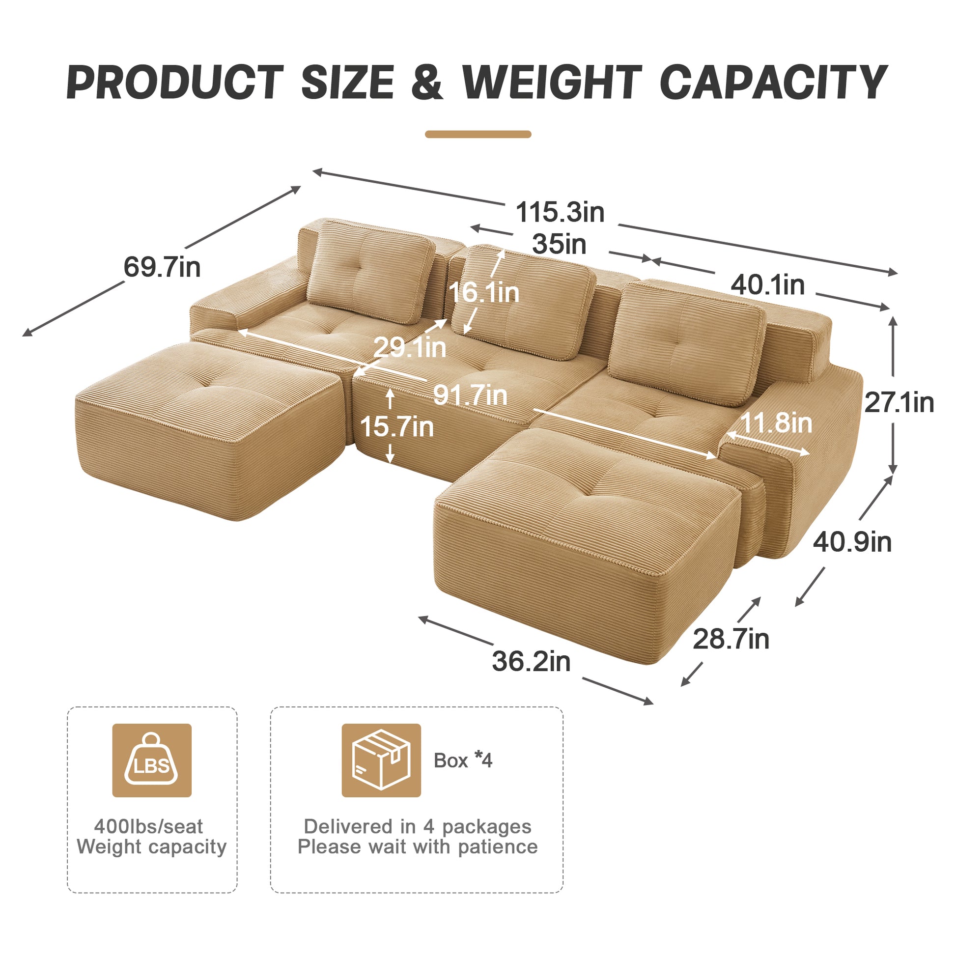 Racine light camel modular sofa showing product size and weight capacity dimensions