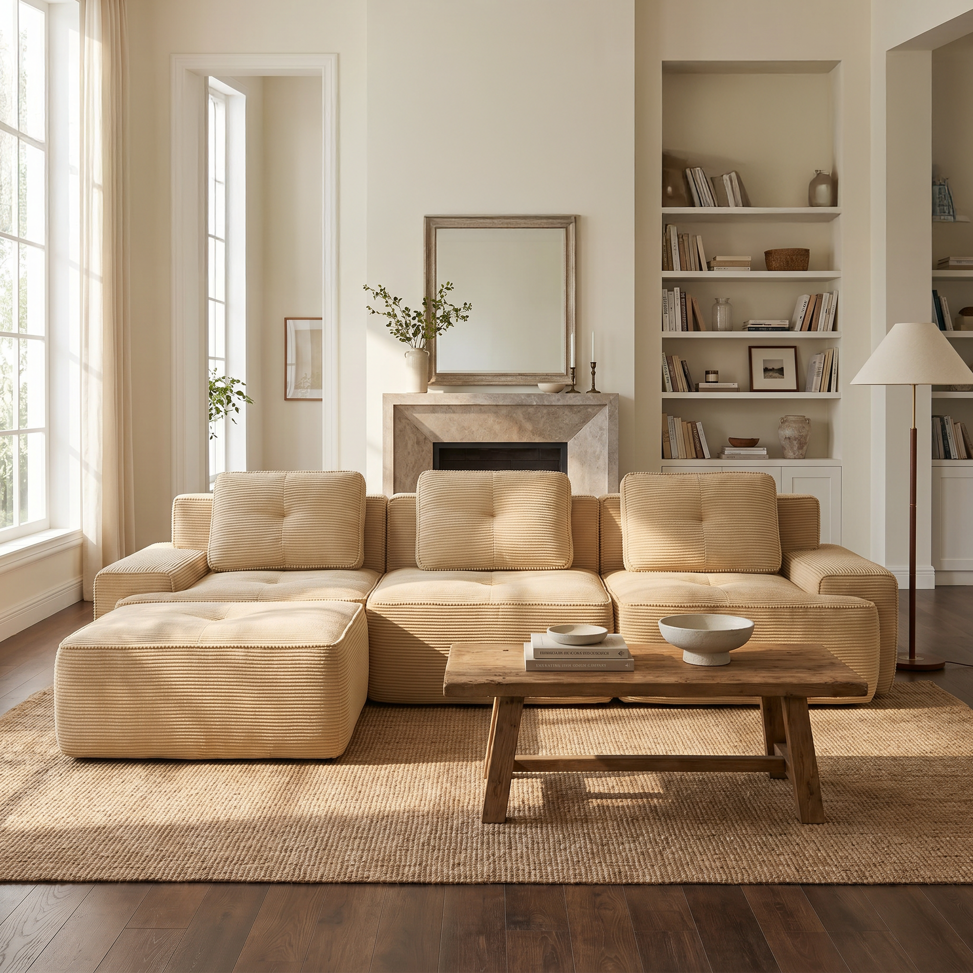 Racine light camel modular sofa showing front living room view with chaise ottoman