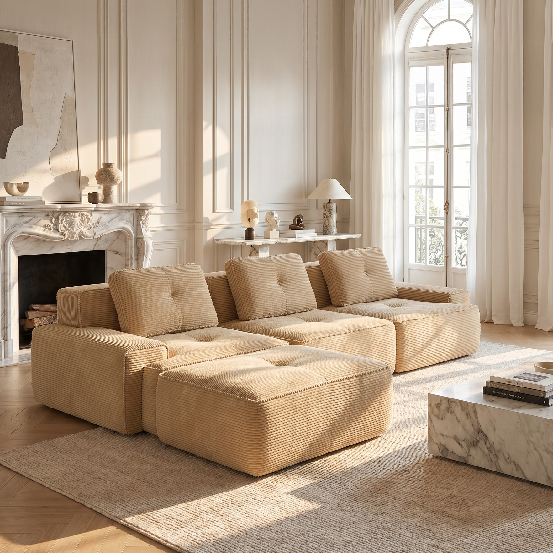 Racine light camel modular sofa showing elegant room scene with deep seating