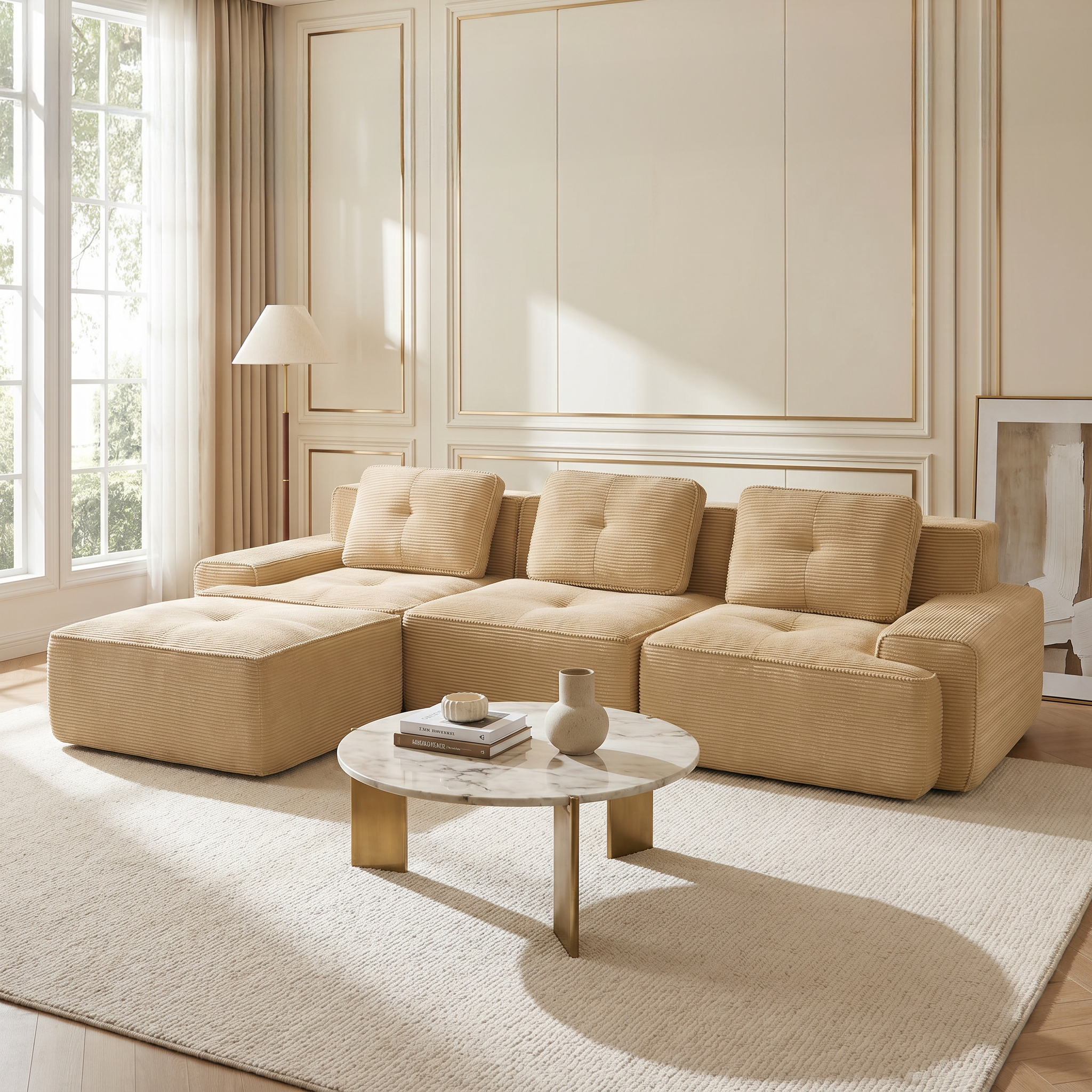 Racine light camel modular sofa showing bright neutral living room with corduroy fabric