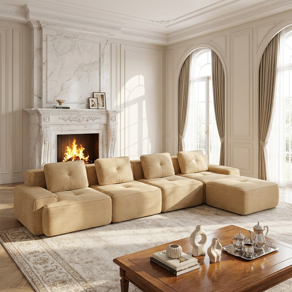 Racine light camel modular sofa showing elegant fireplace living room view with deep seating