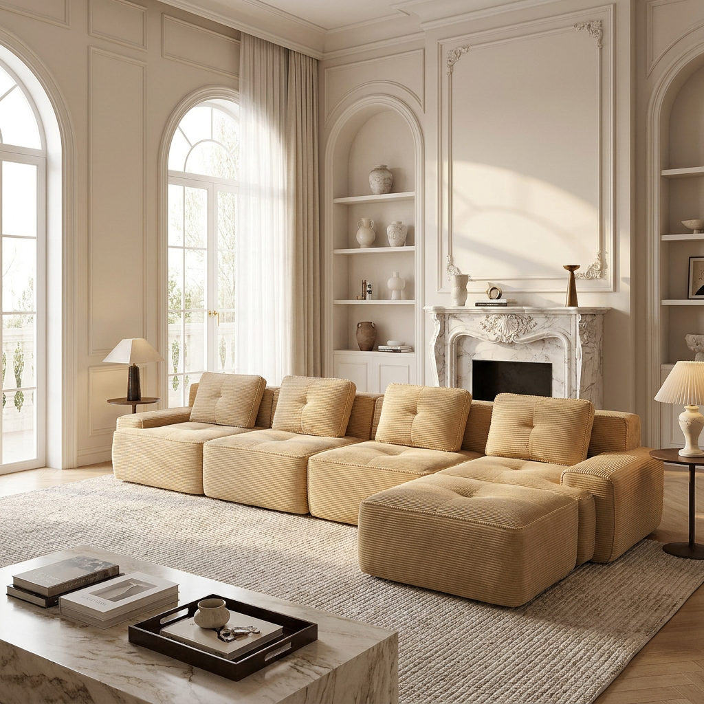 Racine light camel modular sofa showing bright neutral living room with L-shaped layout