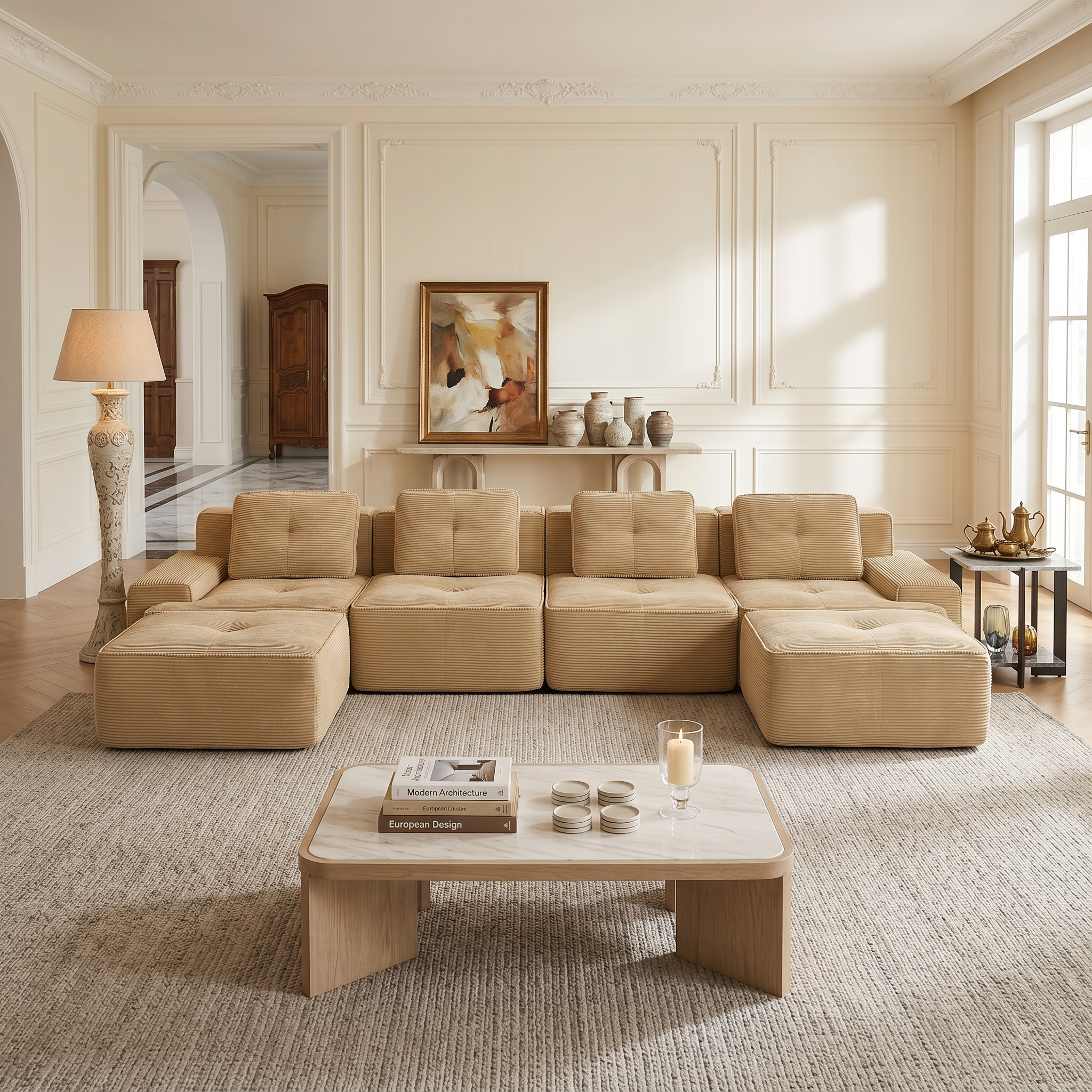 Racine light camel modular sofa showing front living room setup with two ottomans