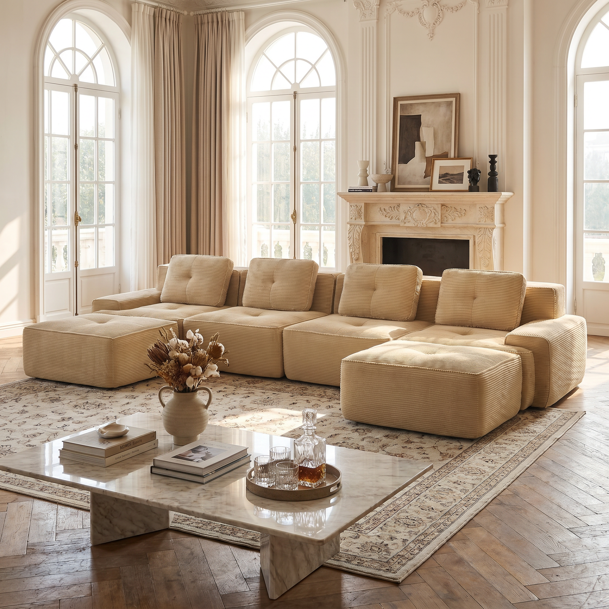 Racine light camel modular sofa showing elegant fireplace living room view with U-shaped layout