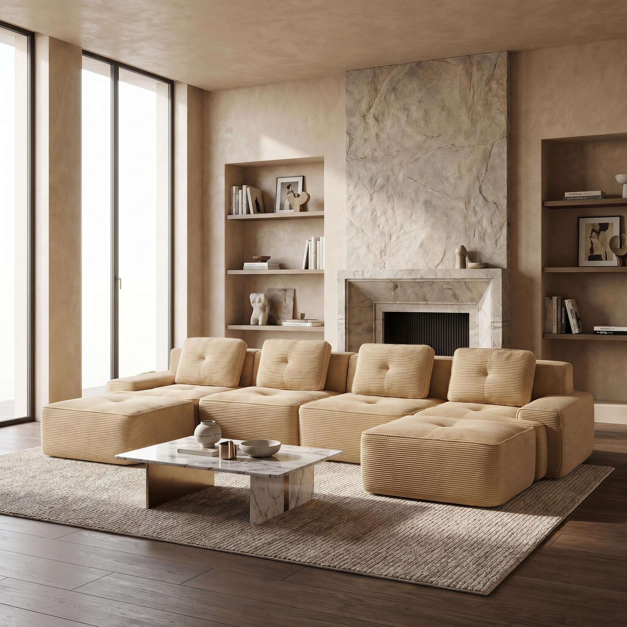 Racine light camel modular sofa showing modern neutral living room with deep seating