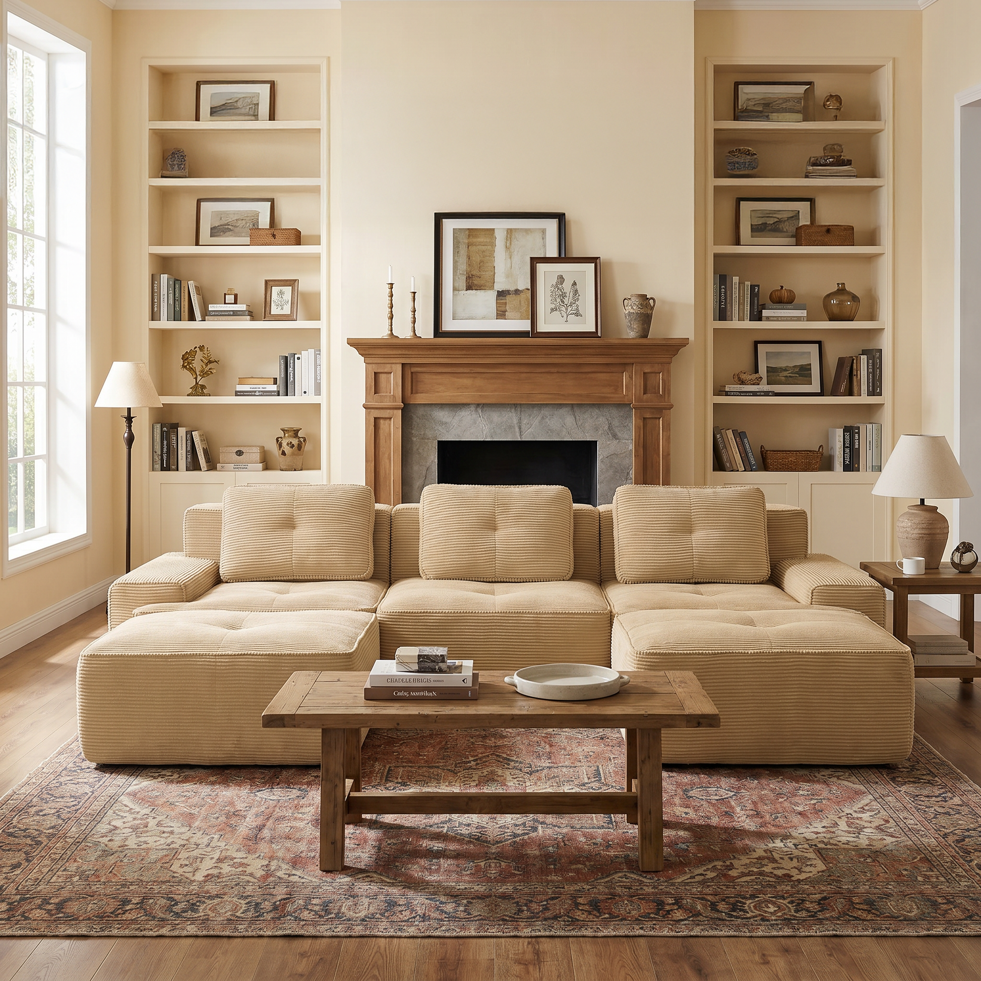 Racine light camel modular sofa showing front living room setup with dual ottomans