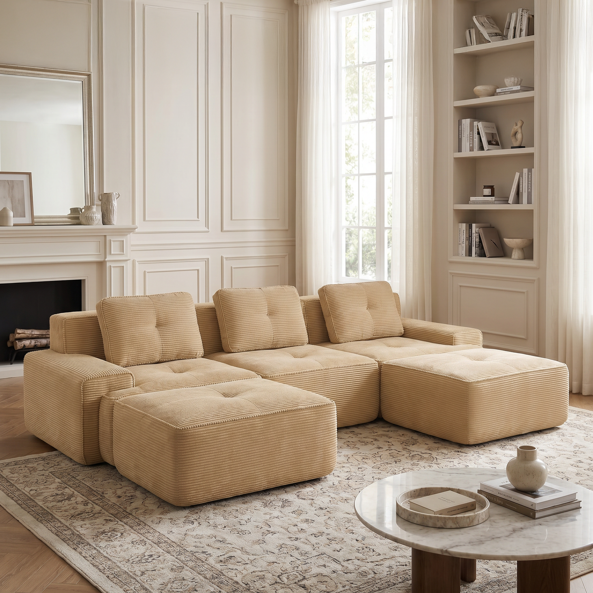 Racine light camel modular sofa showing angled living room view with modular ottomans