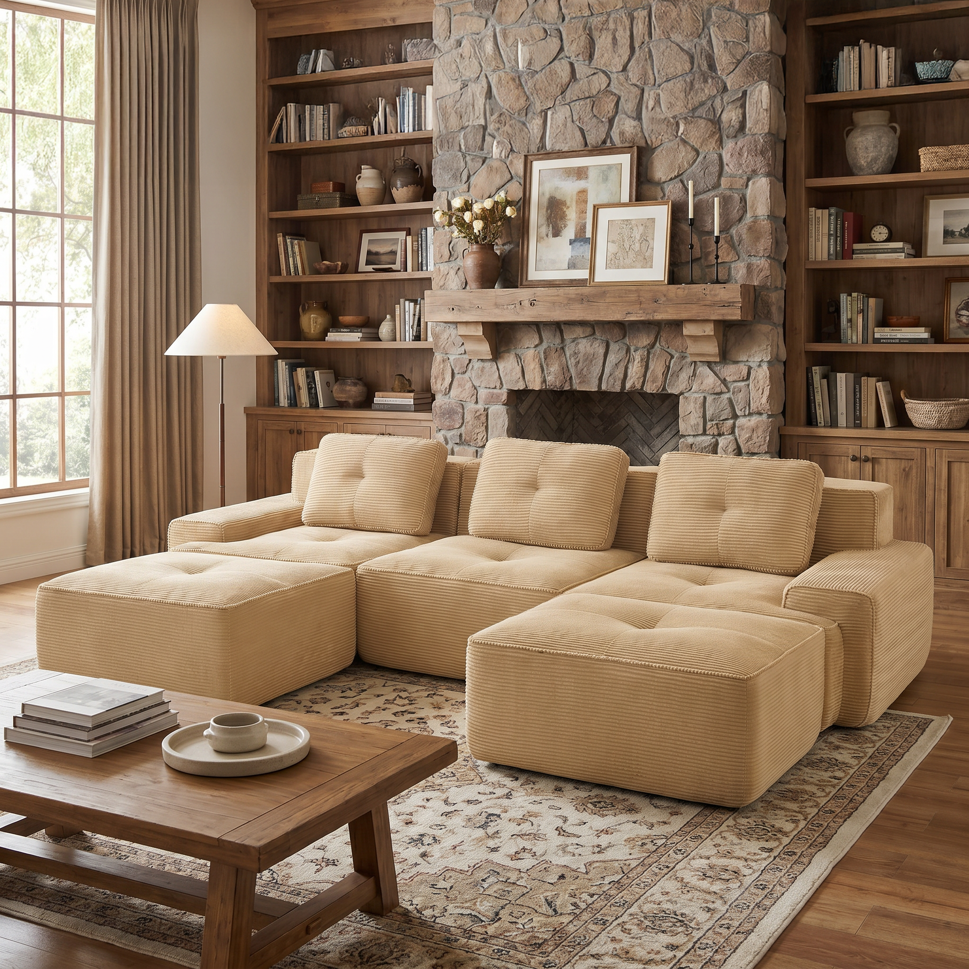 Racine light camel modular sofa showing cozy room scene with stone fireplace