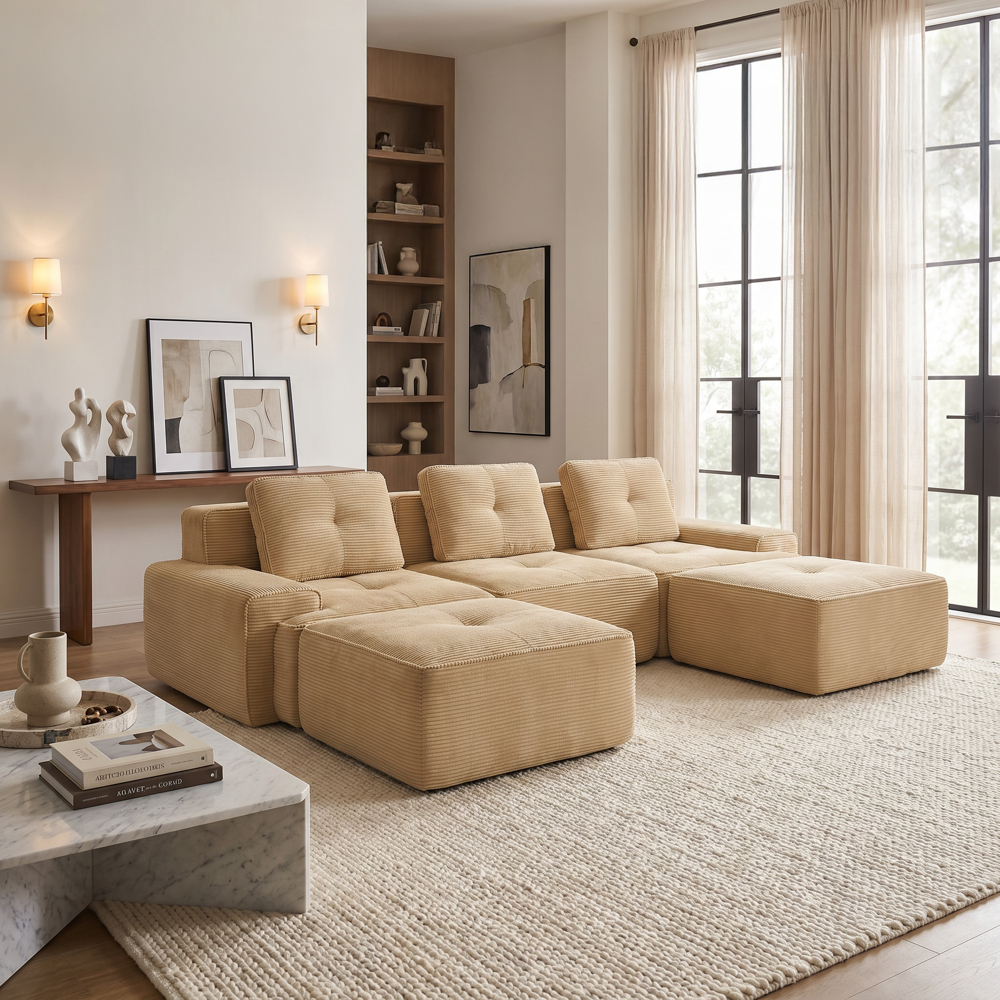 Racine light camel modular sofa showing bright modern living room with deep seating
