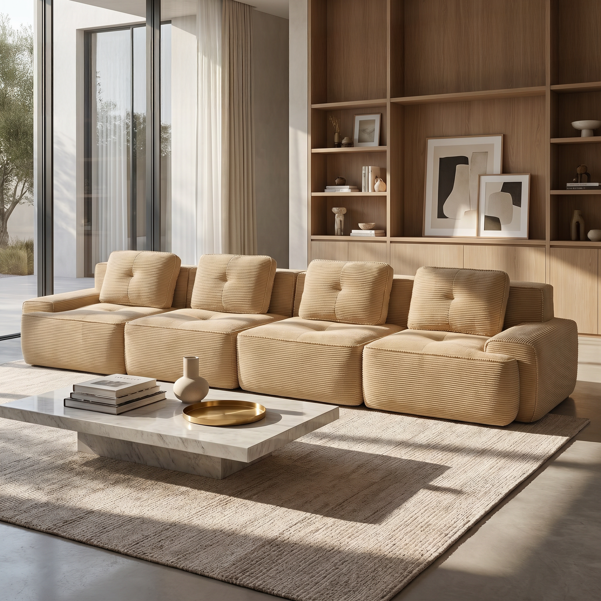 Racine light camel modular sofa showing modern living room setup with four seats