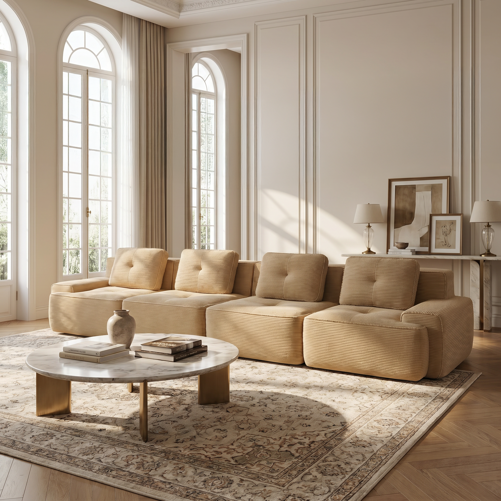 Racine light camel modular sofa showing elegant living room view with deep seating