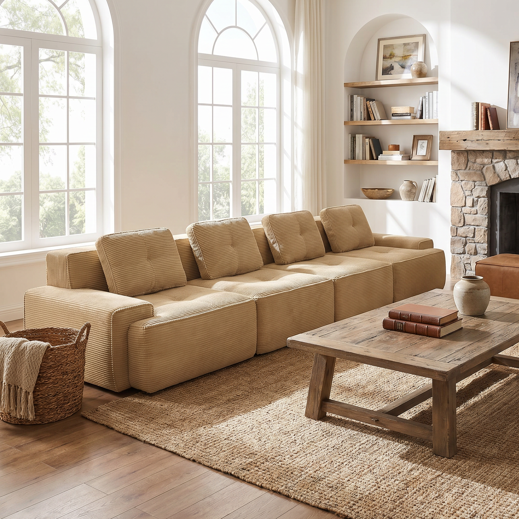 Racine light camel modular sofa showing cozy room scene with fireplace