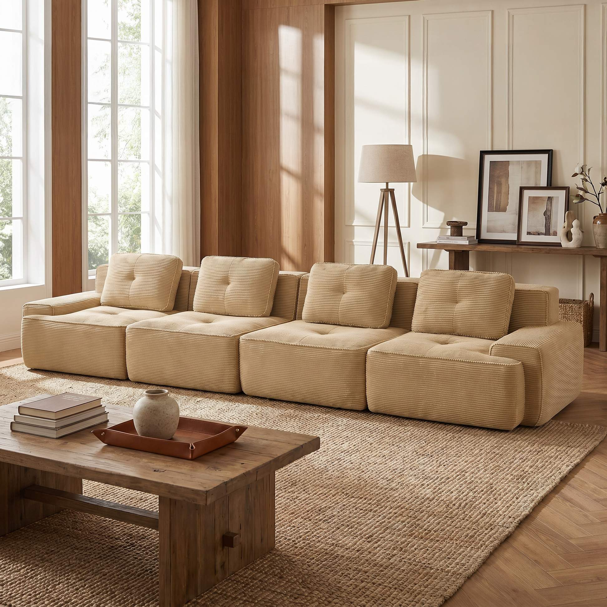 Racine light camel modular sofa showing bright neutral living room with corduroy upholstery