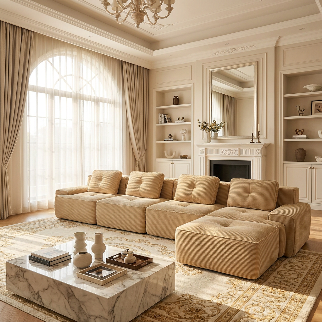 Racine light camel modular sofa showing living room scene detail with back cushions and fireplace setting