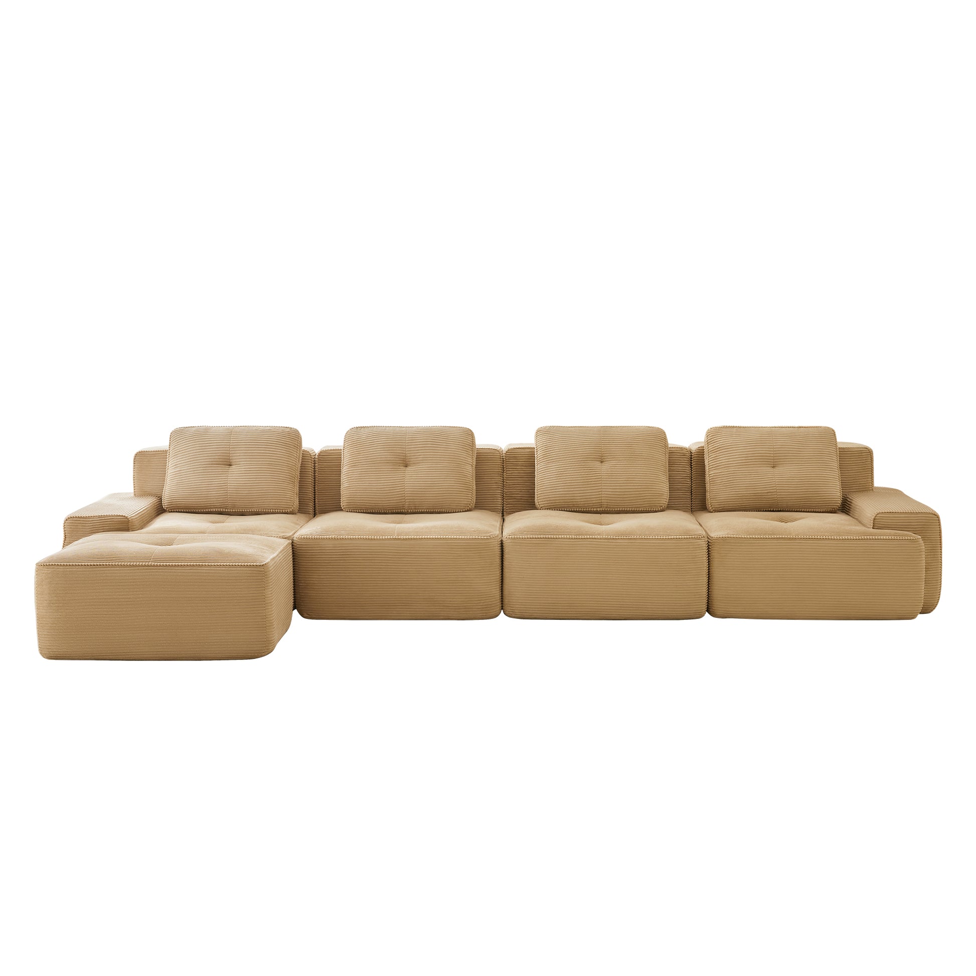 Racine light camel modular sofa showing front white background product view with ottoman