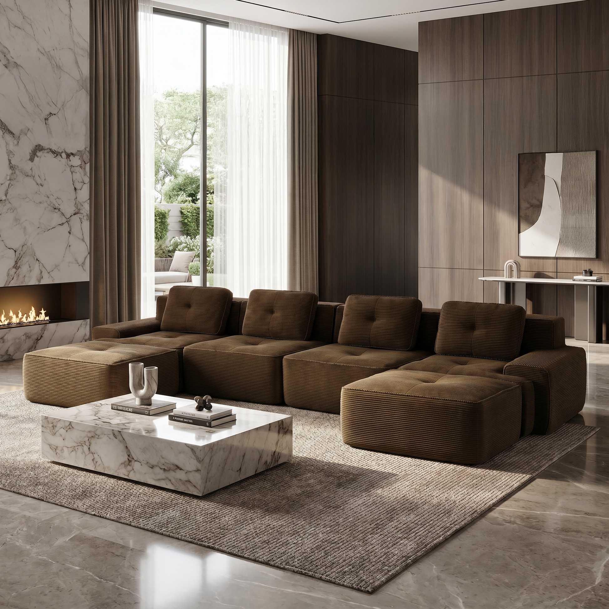 Racine brown corduroy U-shaped sectional sofa with deep seat and movable ottomans in modern marble living room