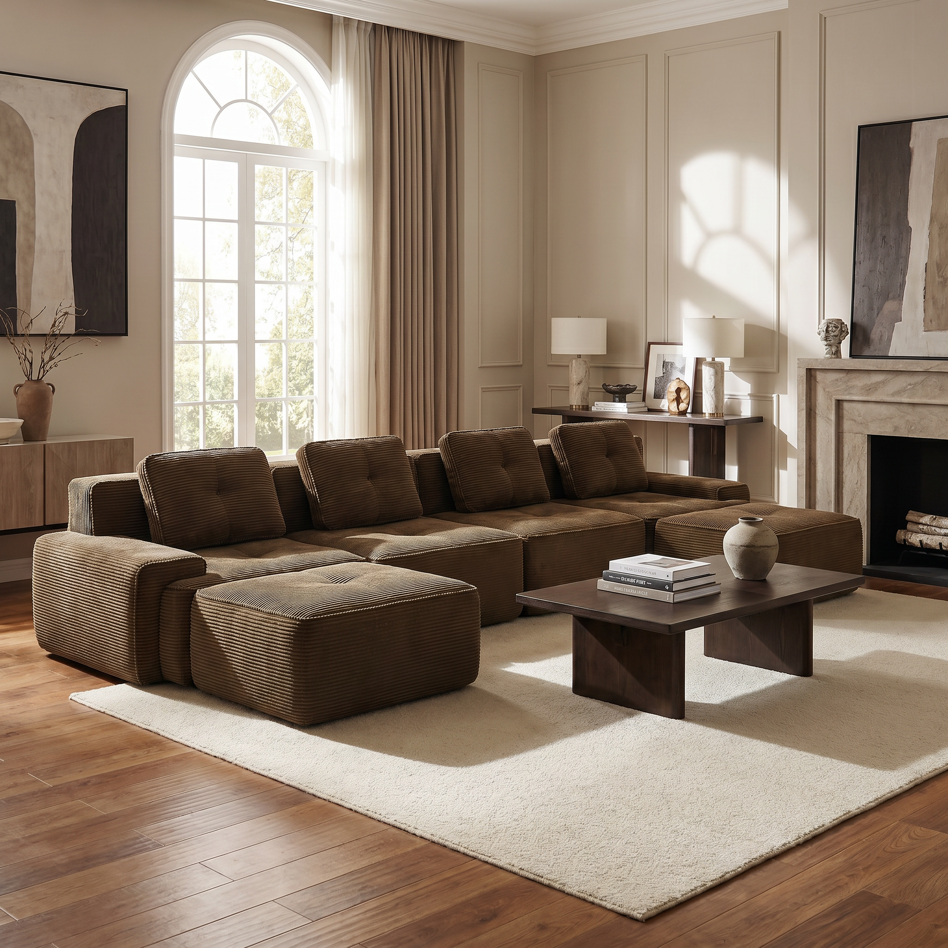 Racine brown corduroy U-shaped sectional sofa with deep seat and movable ottomans in elegant bright living room