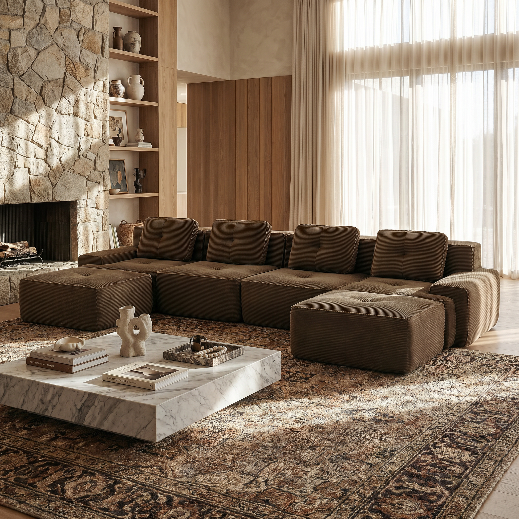 Racine brown corduroy U-shaped sectional sofa with deep seat and movable ottomans in cozy fireplace living room