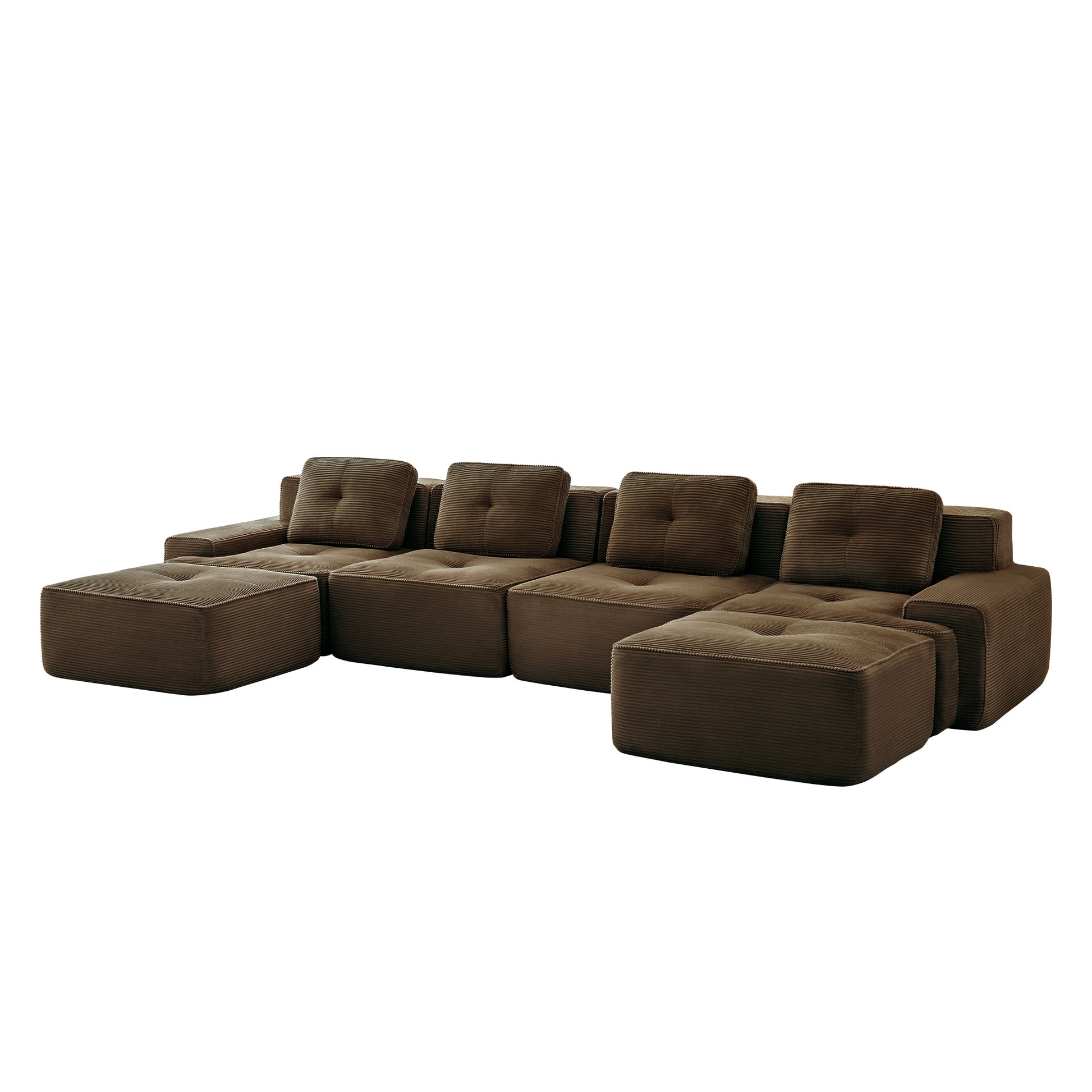 Racine brown corduroy U-shaped sectional sofa with movable ottomans perspective view isolated on white background
