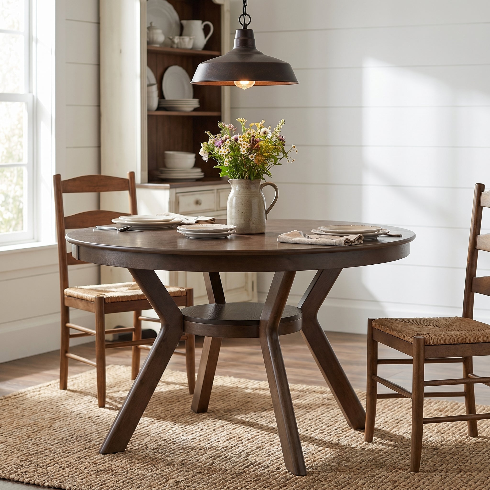 Rainier oak dining table showing a bright dining space with chairs and tabletop decor