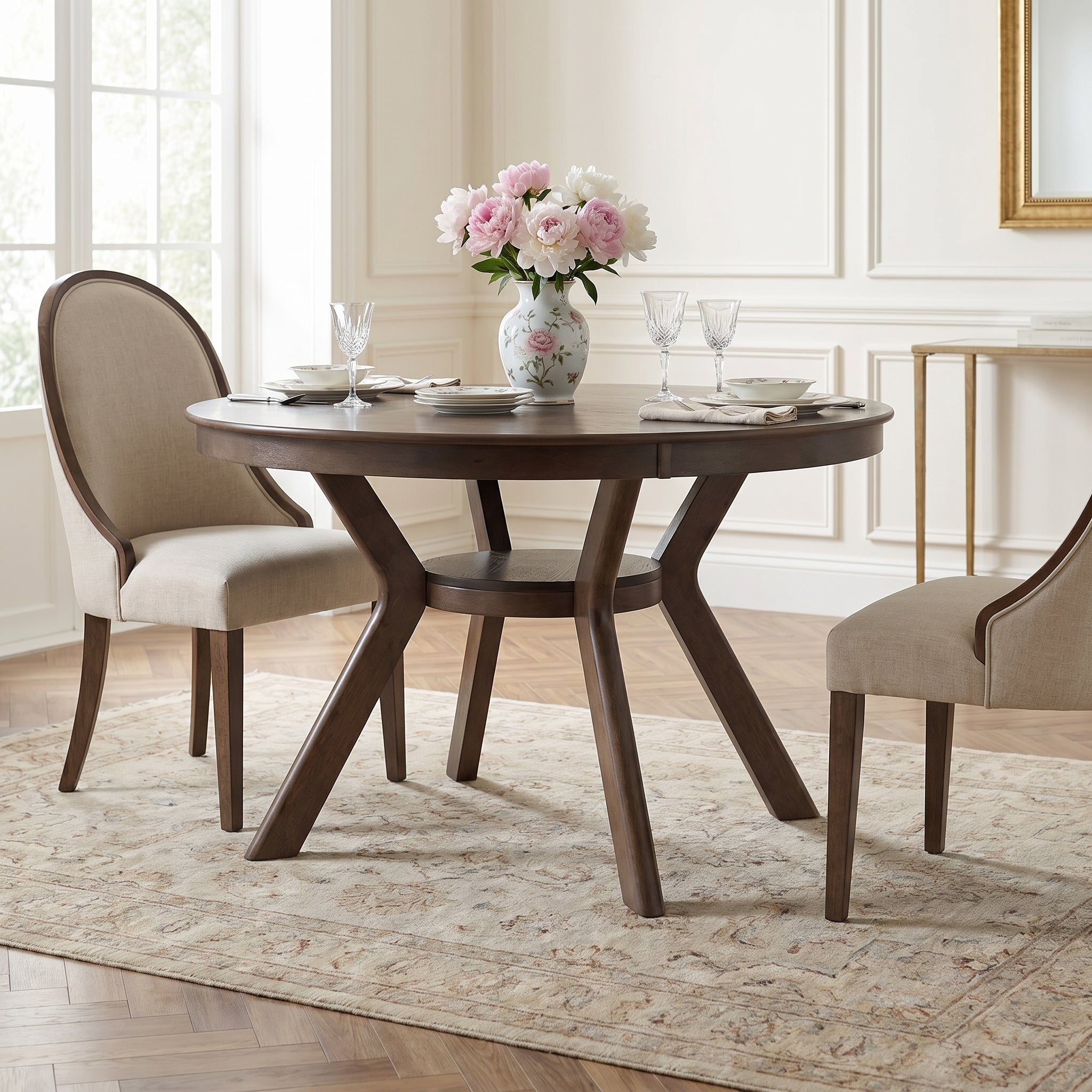 Rainier oak dining table showing a cozy dining room setup with upholstered chairs
