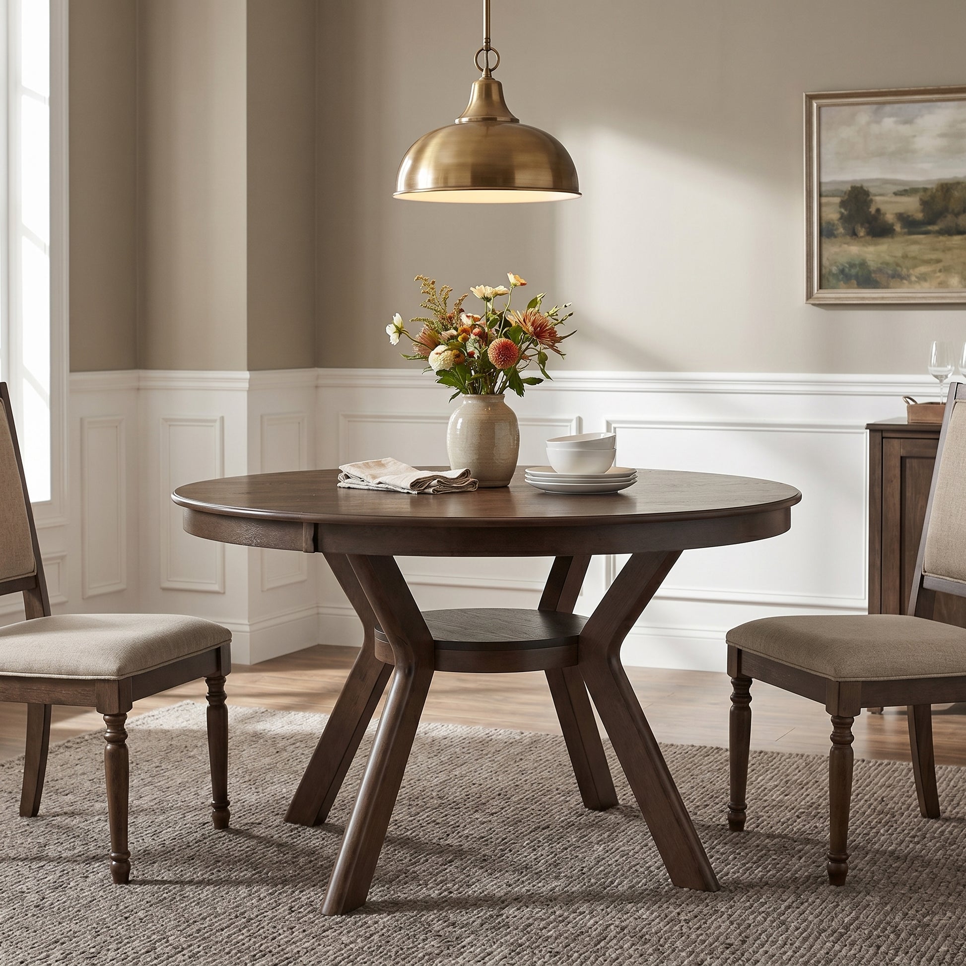 Rainier oak dining table showing a warm dining area with floral centerpiece